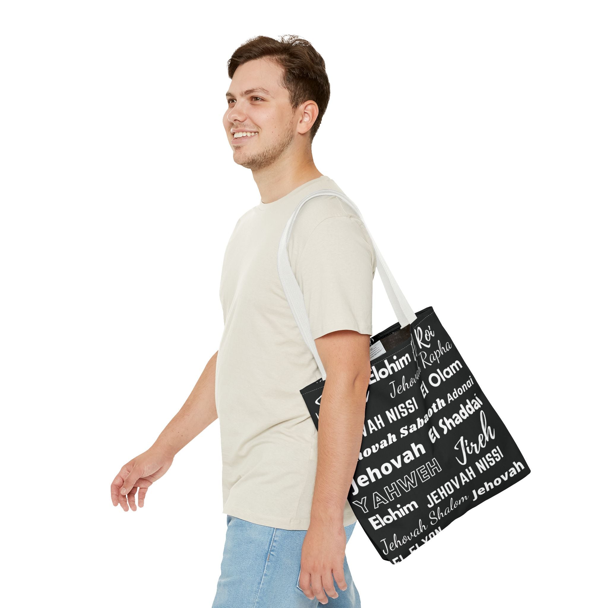 Faith-Inspired Tote Bag with Inspirational Names of God - Black & White