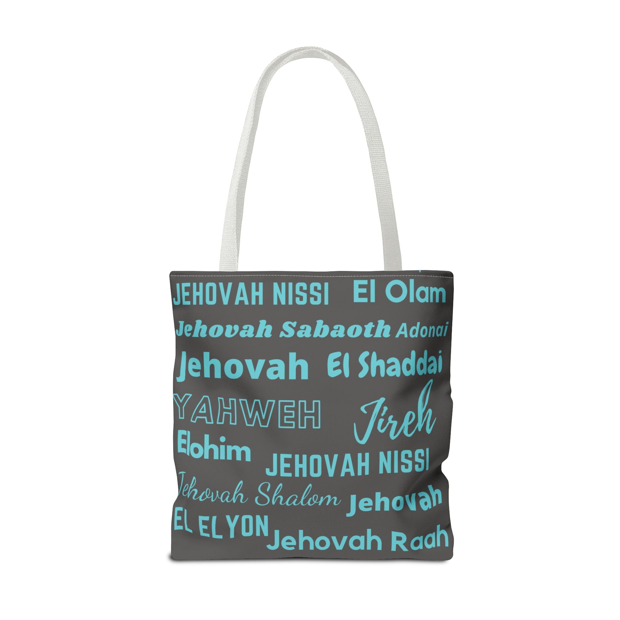 Faith-Inspired Tote Bag with Inspirational Names of God - Gray & Blue