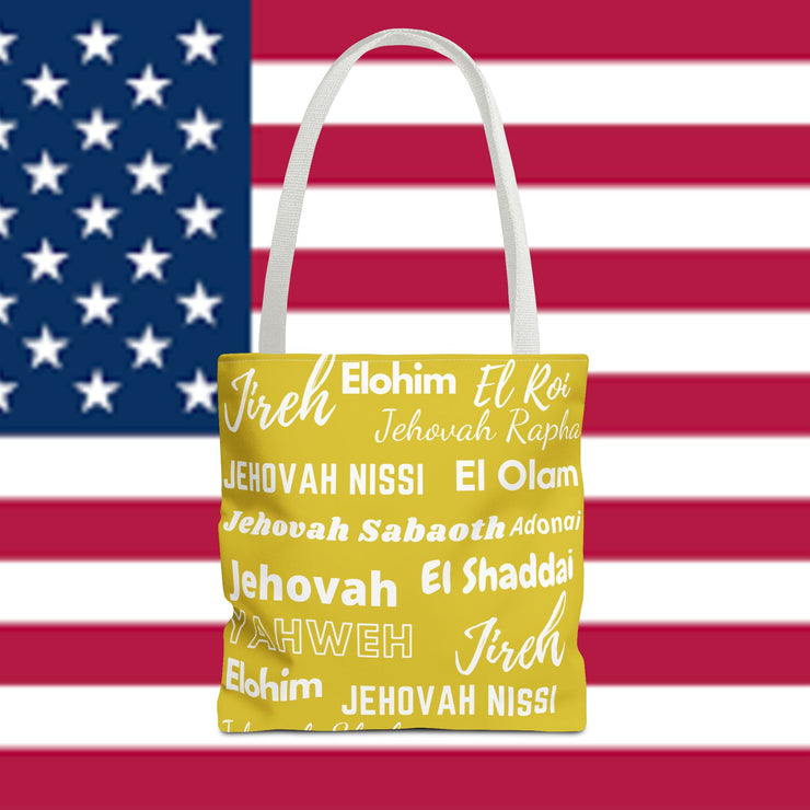 Faith-Inspired Tote Bag with Inspirational Names of God - White & Yellow