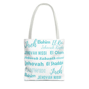 Faith-Inspired Tote Bag with Inspirational Names of God- White & Blue