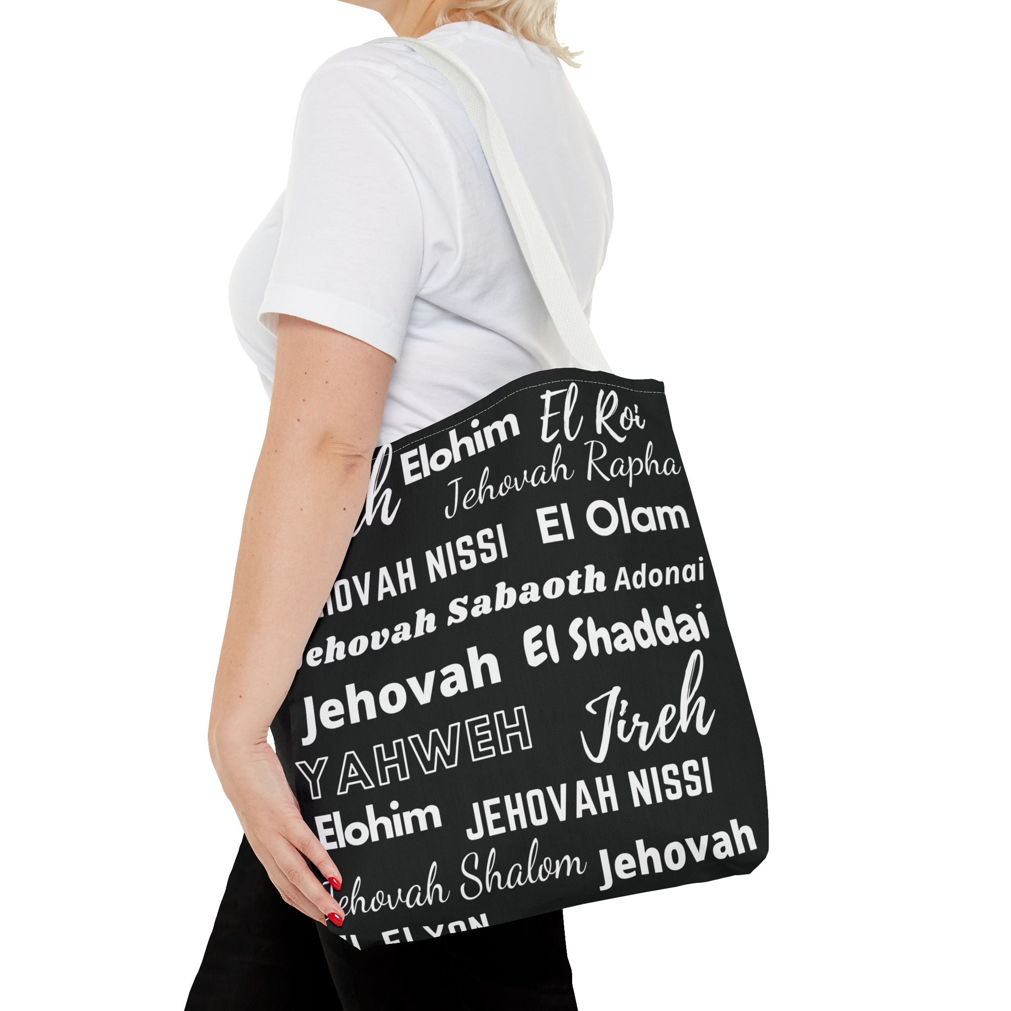 Faith-Inspired Tote Bag with Inspirational Names of God - Black & White