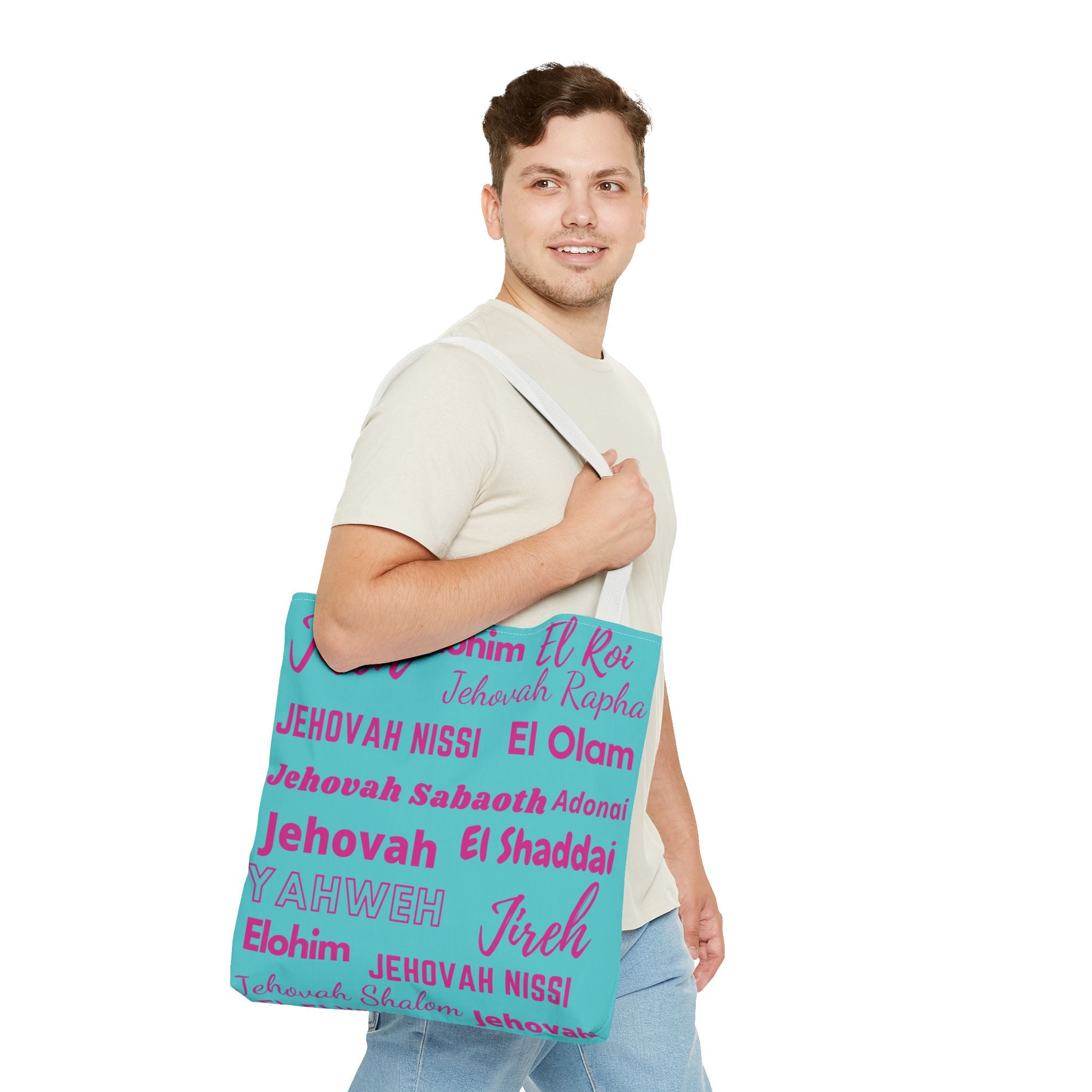 Faith-Inspired Tote Bag with Inspirational Names of God - Pink & Blue