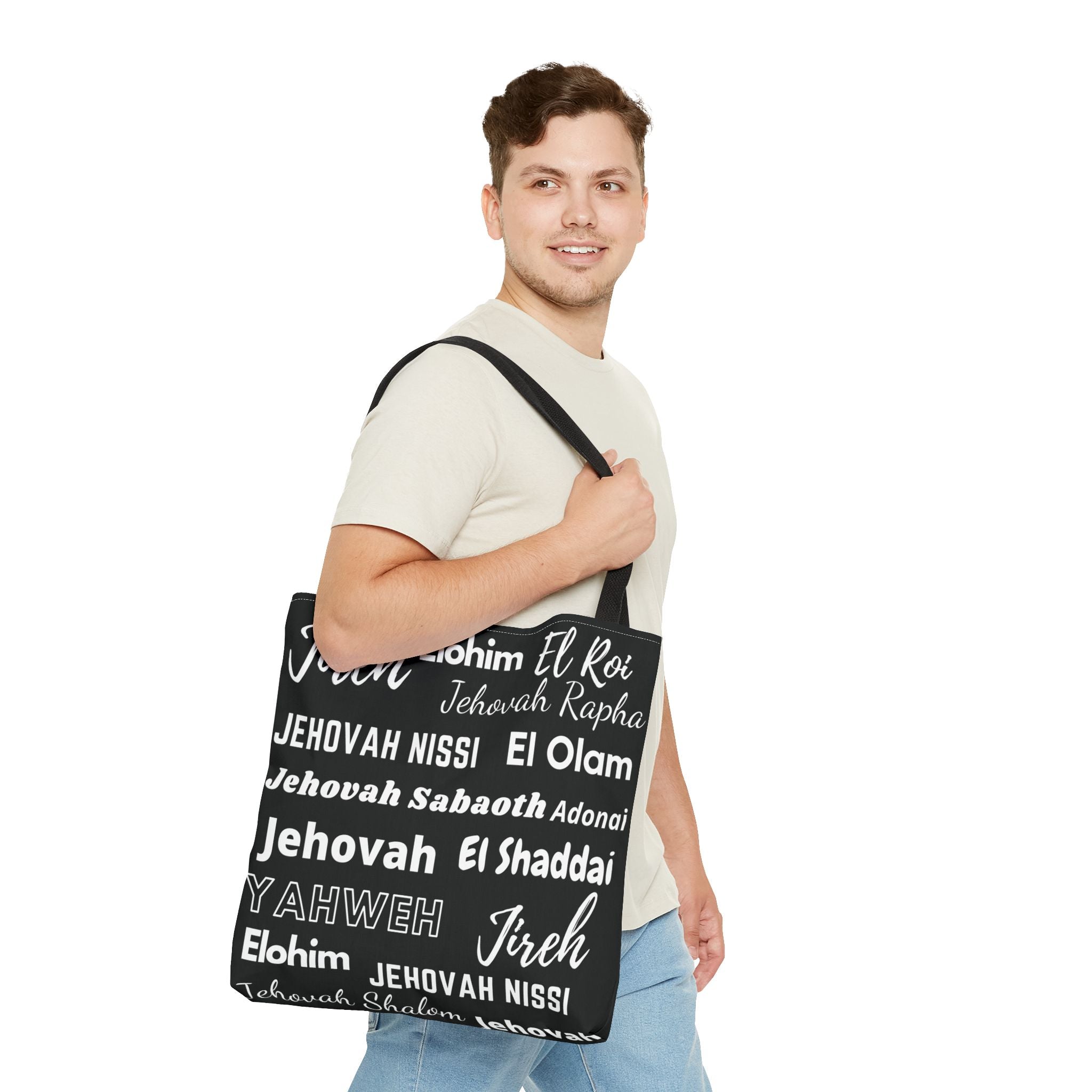 Faith-Inspired Tote Bag with Inspirational Names of God - Black & White