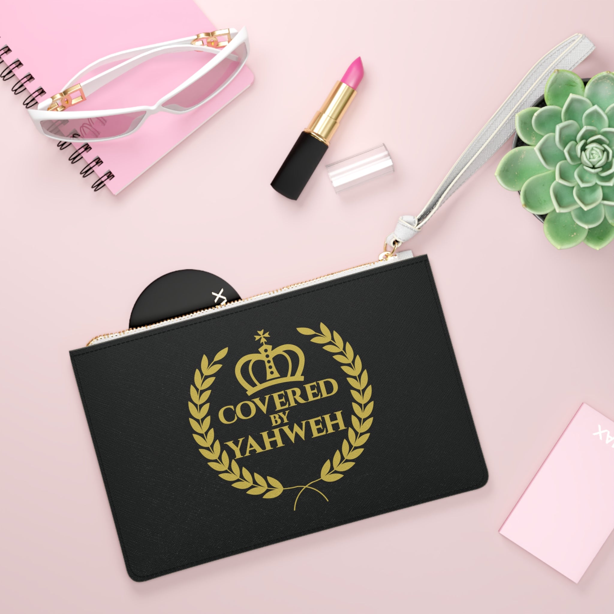Covered by Yahweh Saffiano Leather Clutch Bag - Black