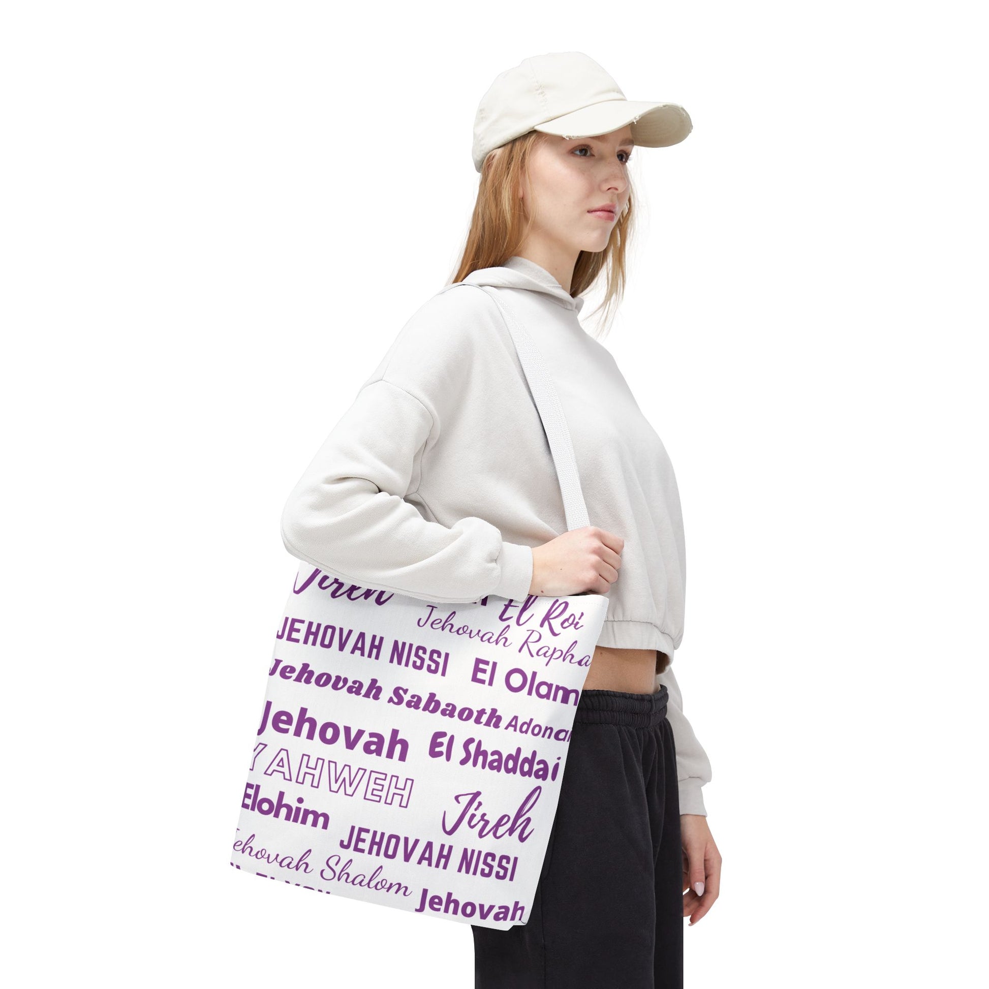 Faith-Inspired Tote Bag with Inspirational Names of God- White & Purple