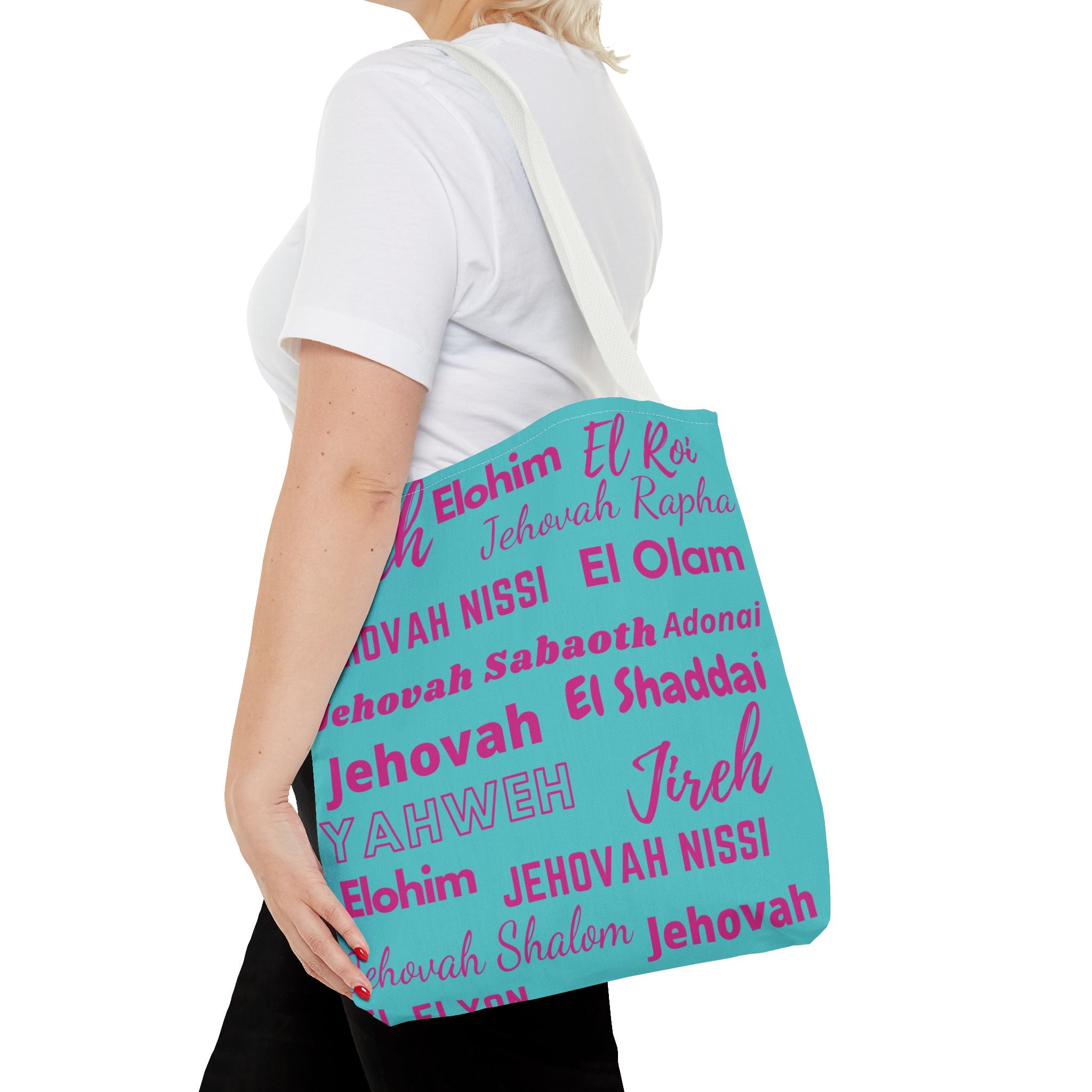 Faith-Inspired Tote Bag with Inspirational Names of God - Pink & Blue