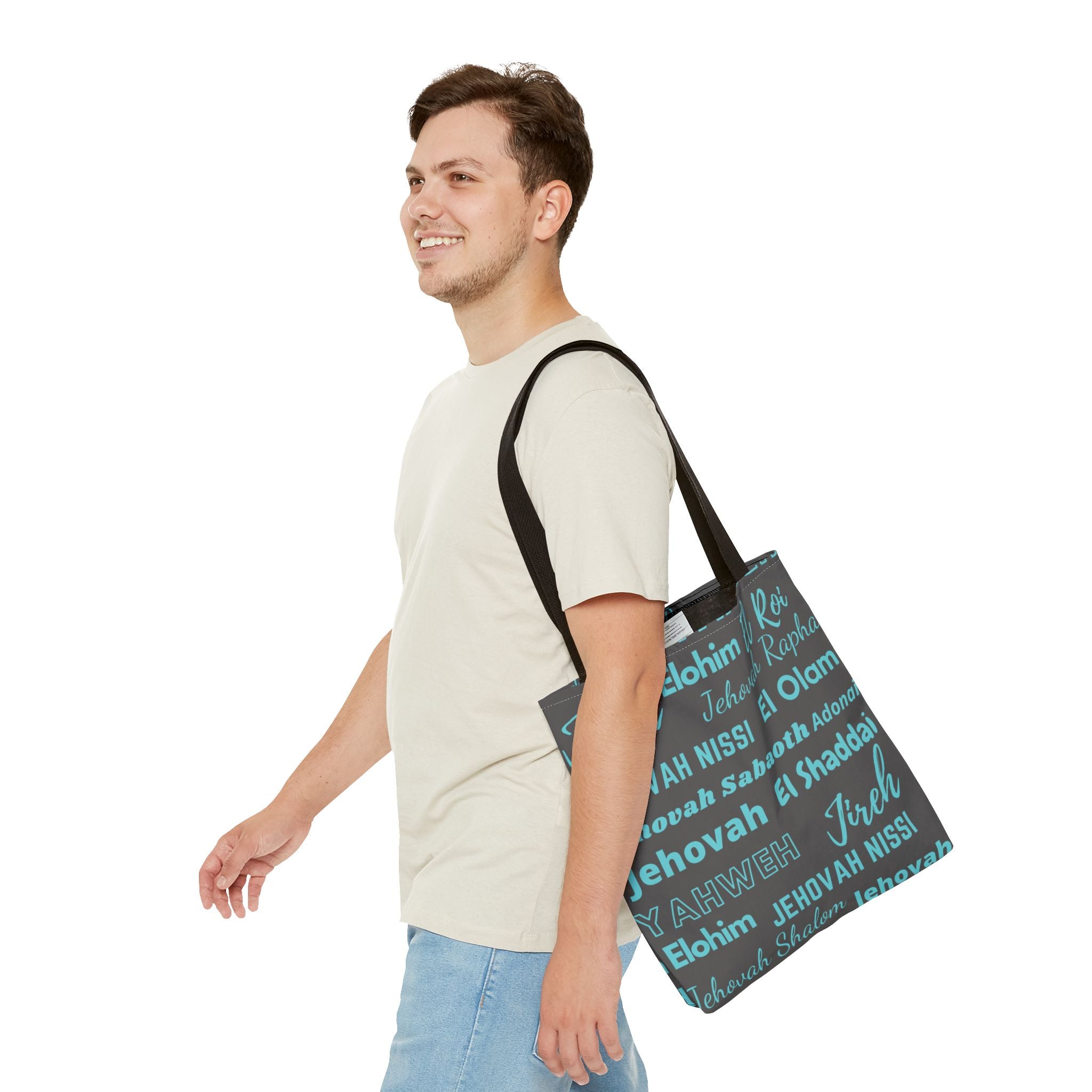 Faith-Inspired Tote Bag with Inspirational Names of God - Gray & Blue
