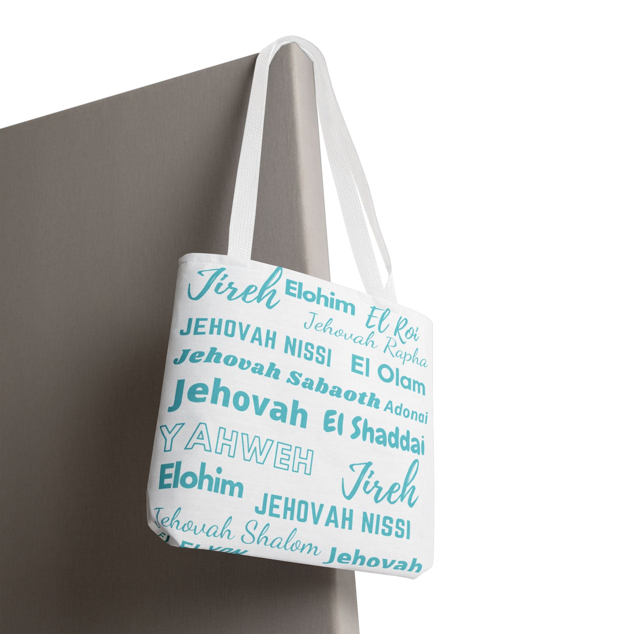 Faith-Inspired Tote Bag with Inspirational Names of God- White & Blue