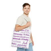 Faith-Inspired Tote Bag with Inspirational Names of God- White & Purple