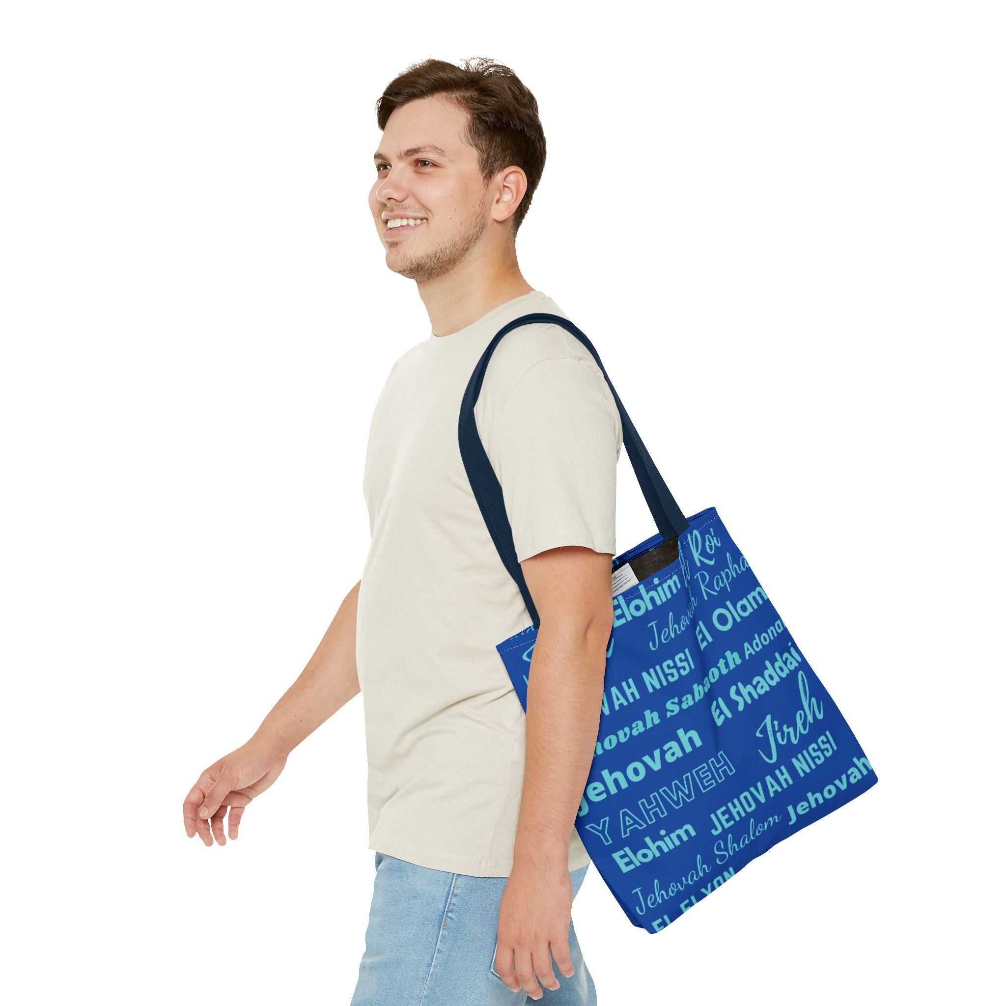 Faith-Inspired Tote Bag with Inspirational Names of God - Cobalt & Cyan Blue