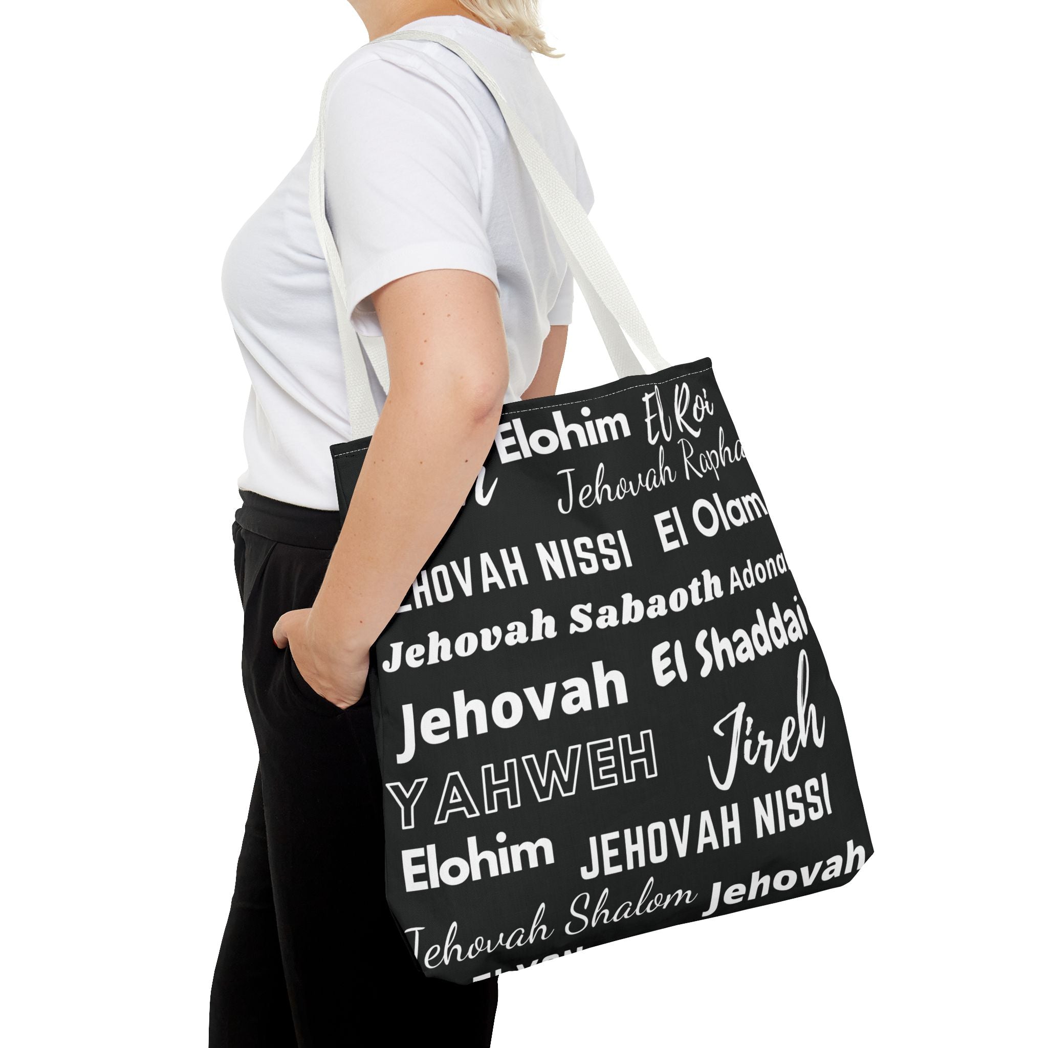 Faith-Inspired Tote Bag with Inspirational Names of God - Black & White