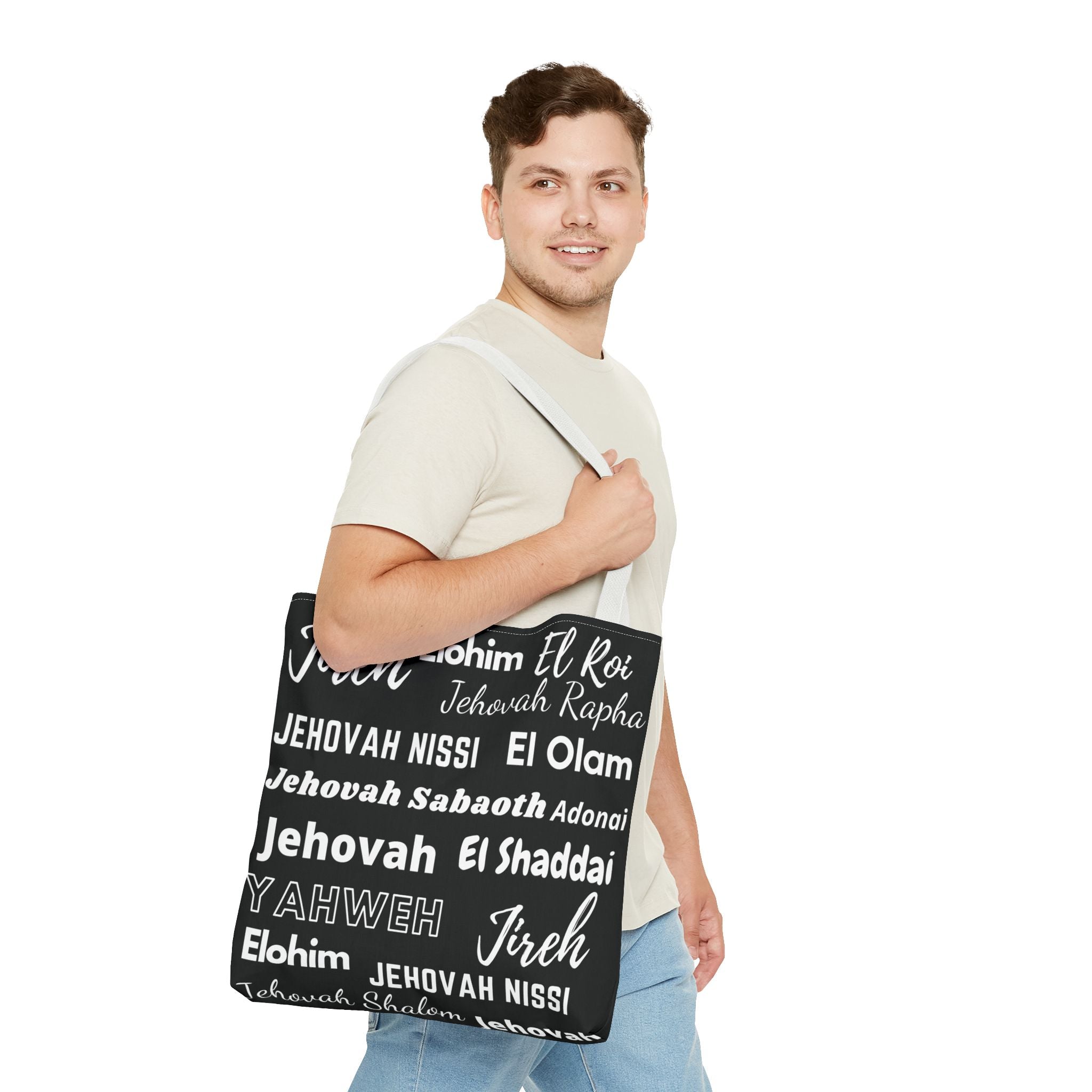 Faith-Inspired Tote Bag with Inspirational Names of God - Black & White