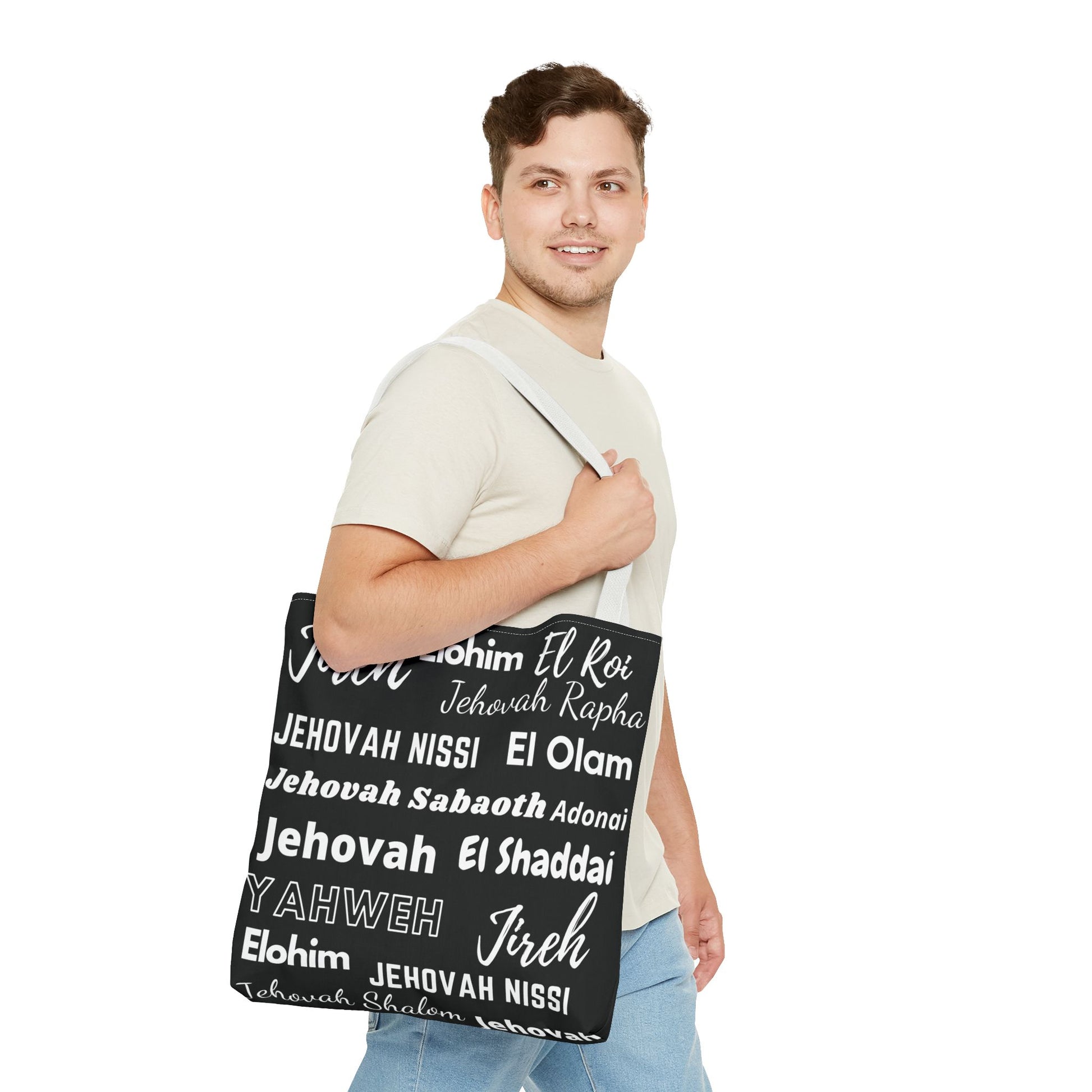 Faith-Inspired Tote Bag with Inspirational Names of God - Black & White