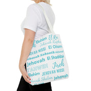 Faith-Inspired Tote Bag with Inspirational Names of God- White & Blue