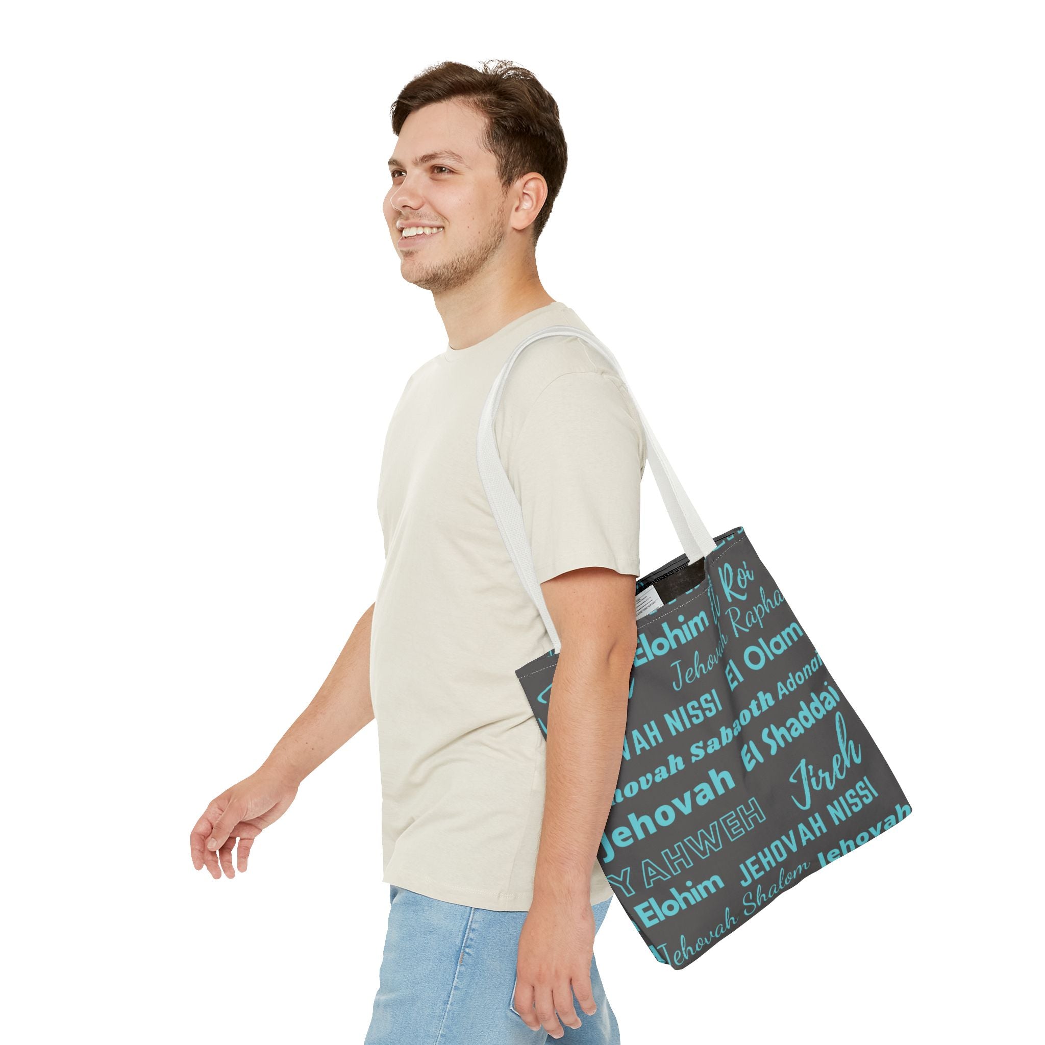 Faith-Inspired Tote Bag with Inspirational Names of God - Gray & Blue