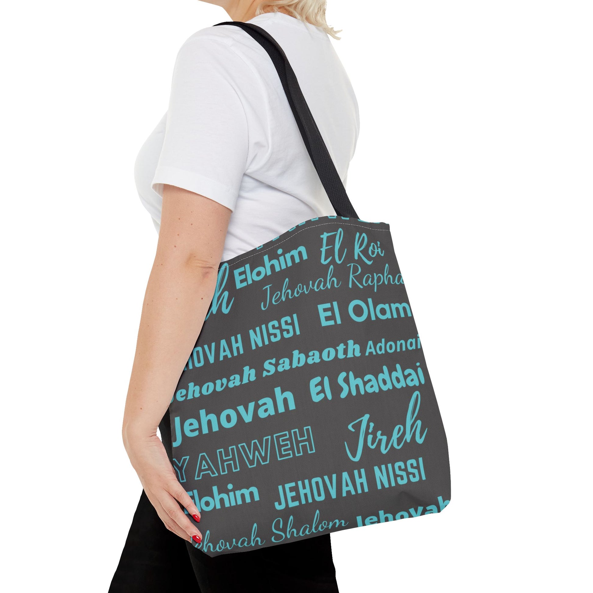 Faith-Inspired Tote Bag with Inspirational Names of God - Gray & Blue