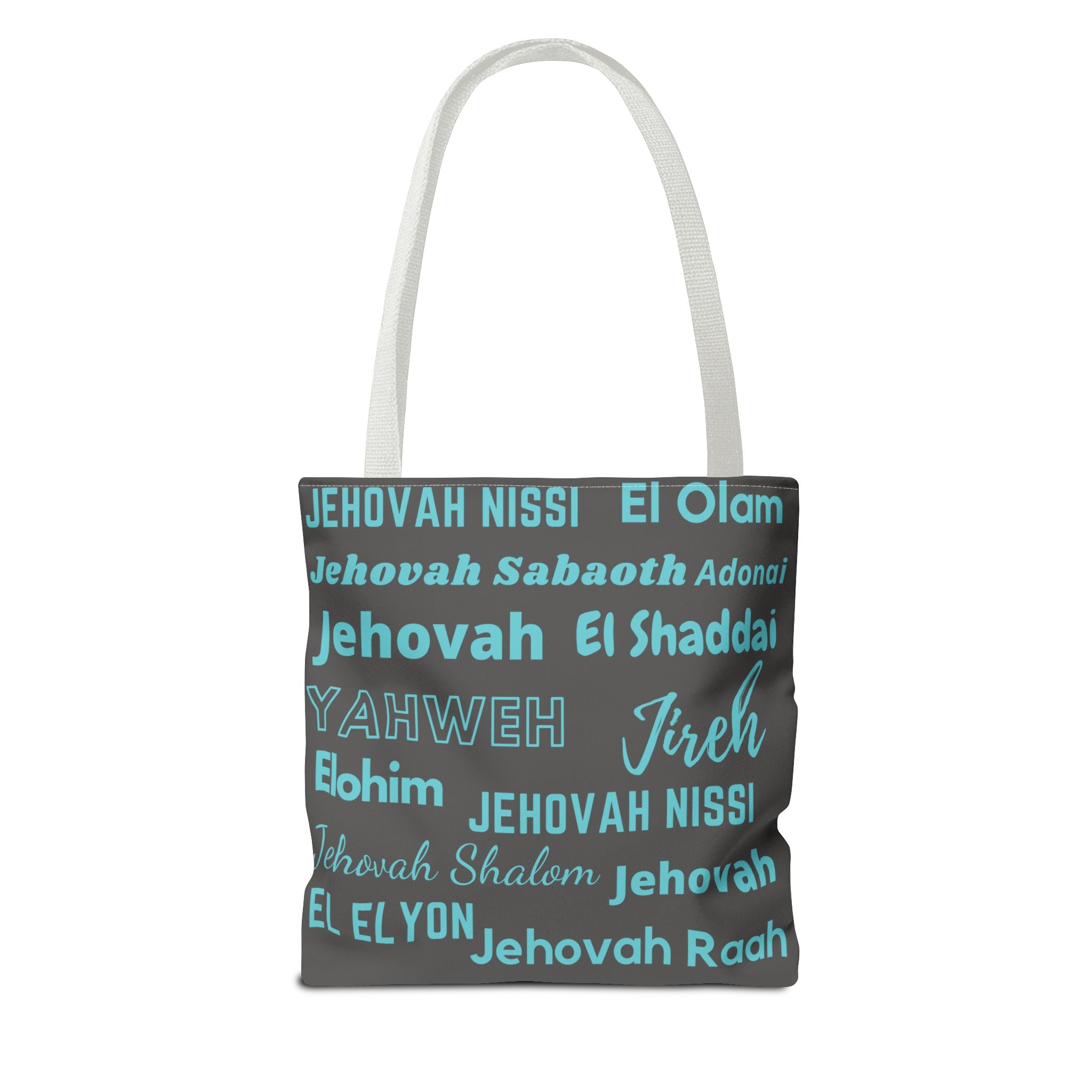 Faith-Inspired Tote Bag with Inspirational Names of God - Gray & Blue
