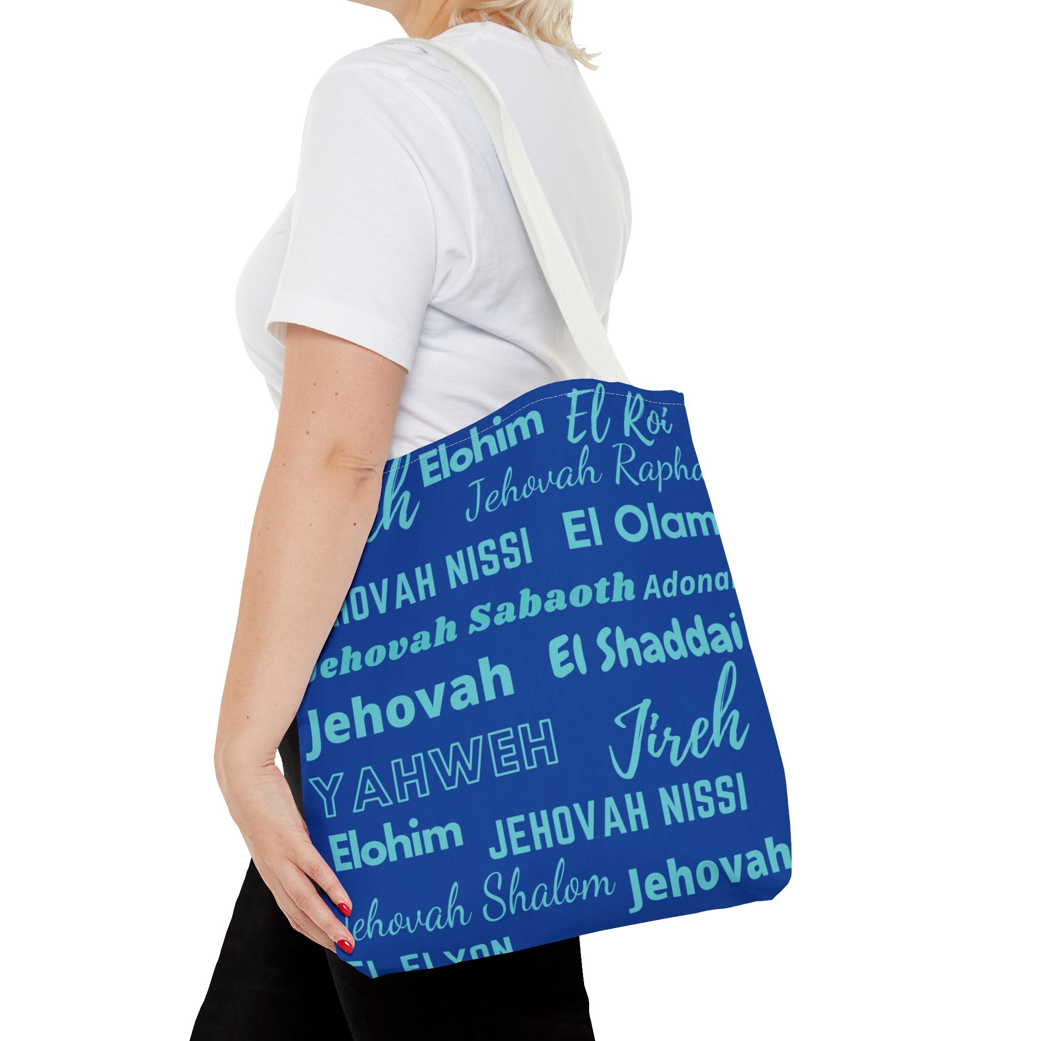 Faith-Inspired Tote Bag with Inspirational Names of God - Cobalt & Cyan Blue