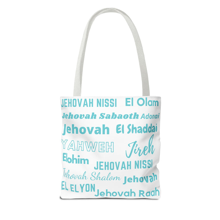 Faith-Inspired Tote Bag with Inspirational Names of God- White & Blue