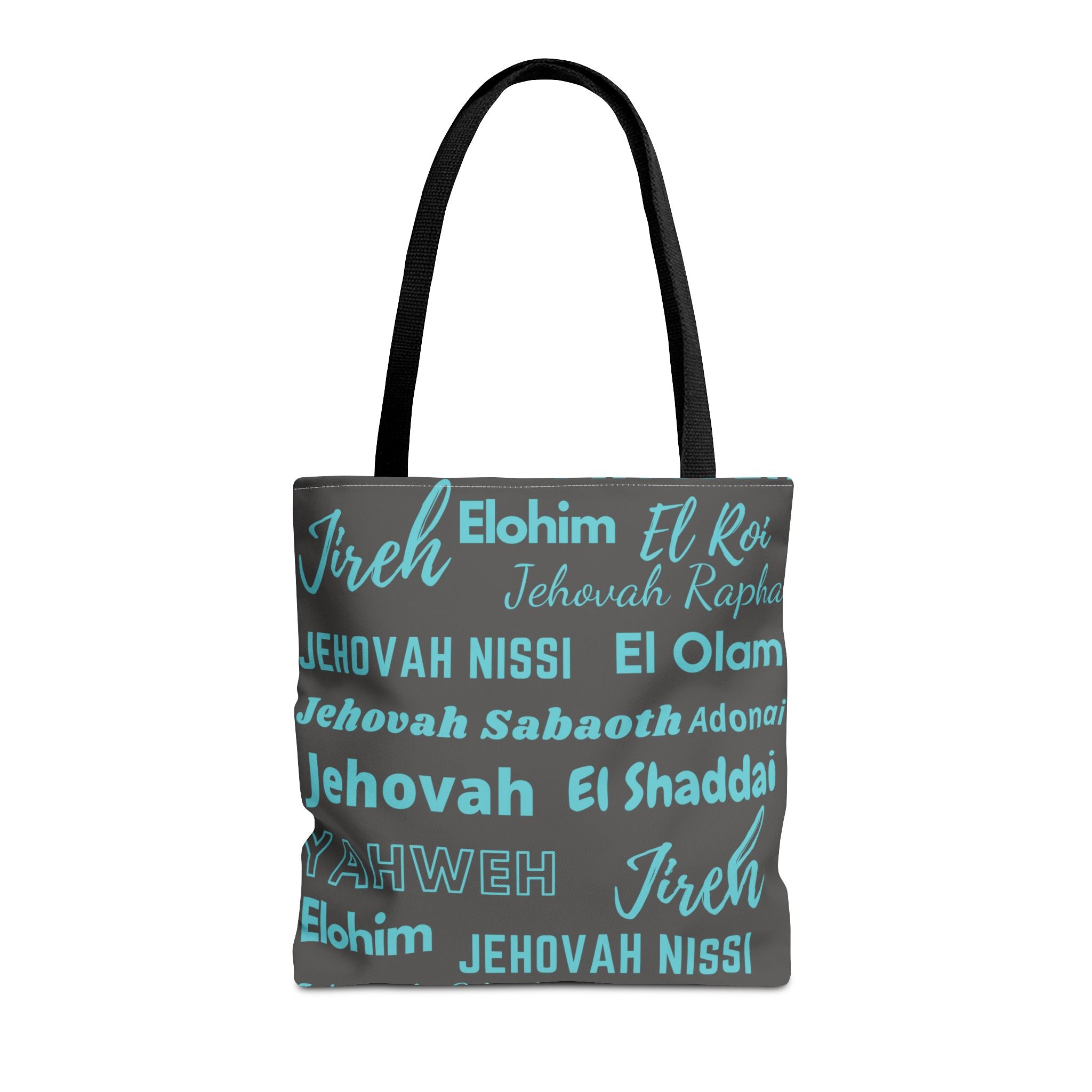 Faith-Inspired Tote Bag with Inspirational Names of God - Gray & Blue