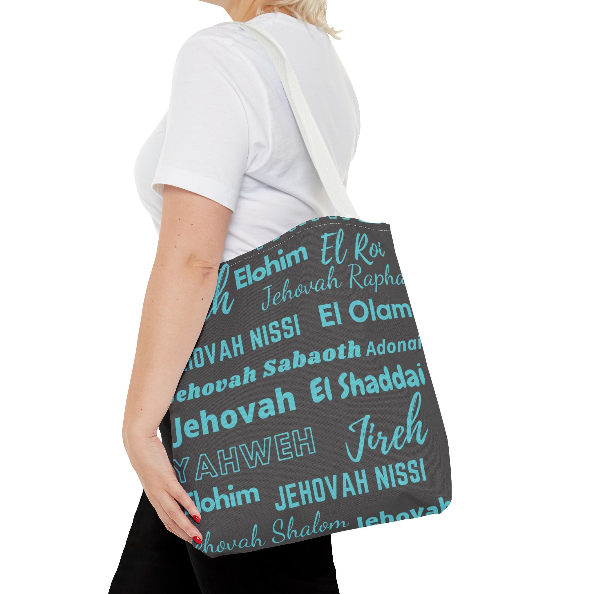 Faith-Inspired Tote Bag with Inspirational Names of God - Gray & Blue