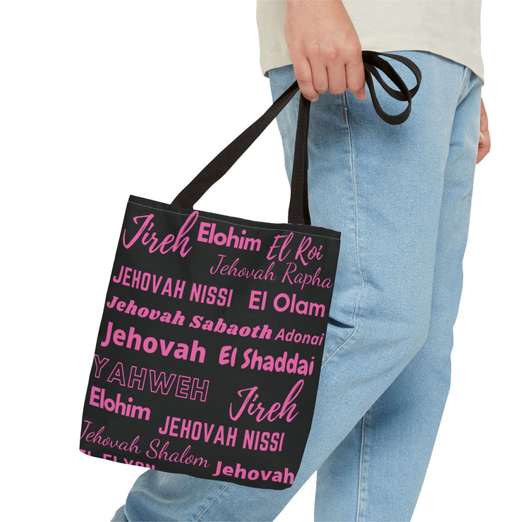 Faith-Inspired Tote Bag with Inspirational Names of God - Pink & Black