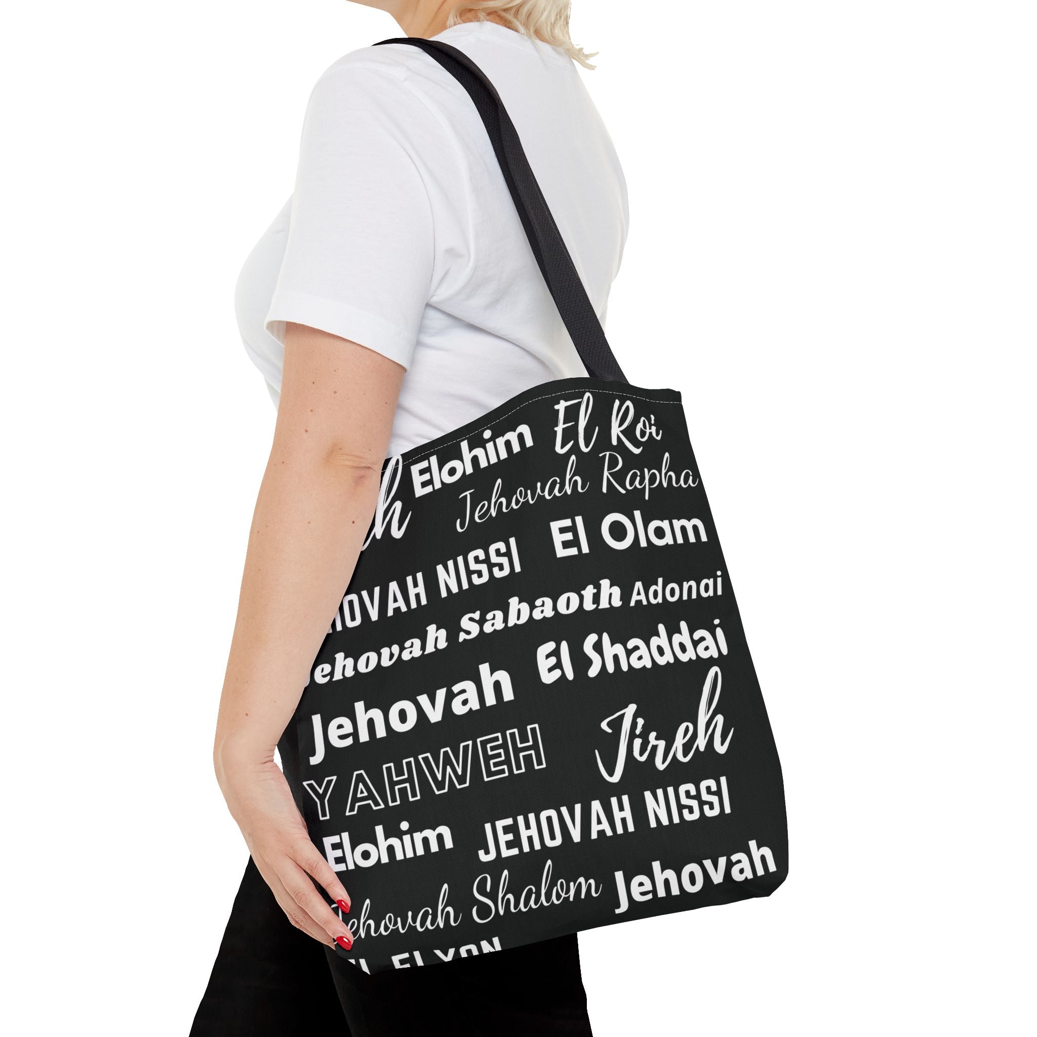 Faith-Inspired Tote Bag with Inspirational Names of God - Black & White