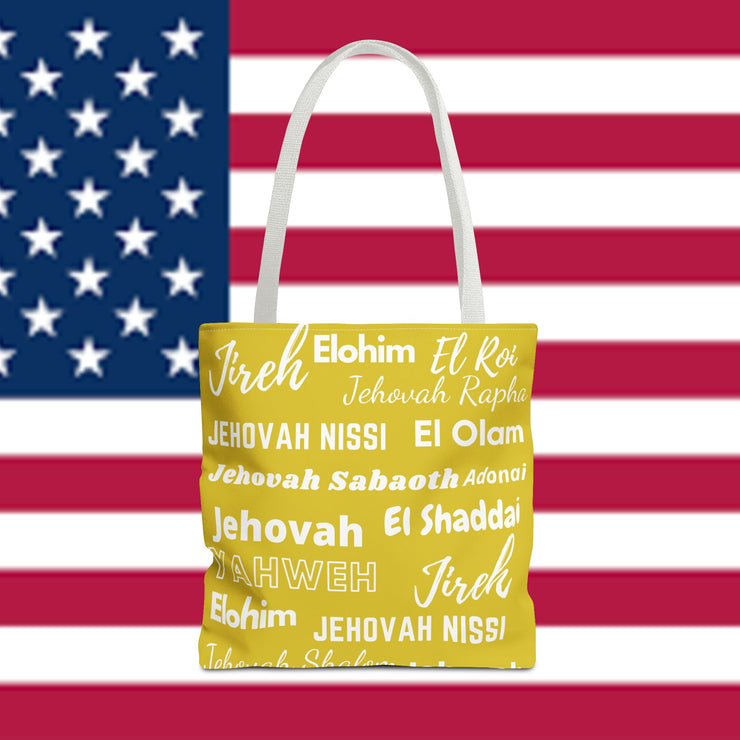 Faith-Inspired Tote Bag with Inspirational Names of God - White & Yellow