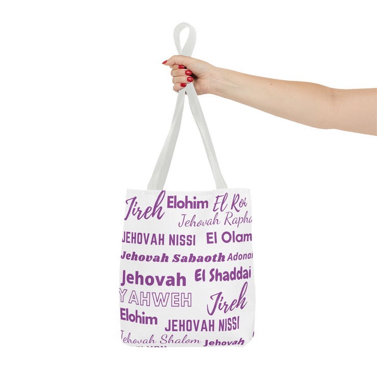 Faith-Inspired Tote Bag with Inspirational Names of God- White & Purple