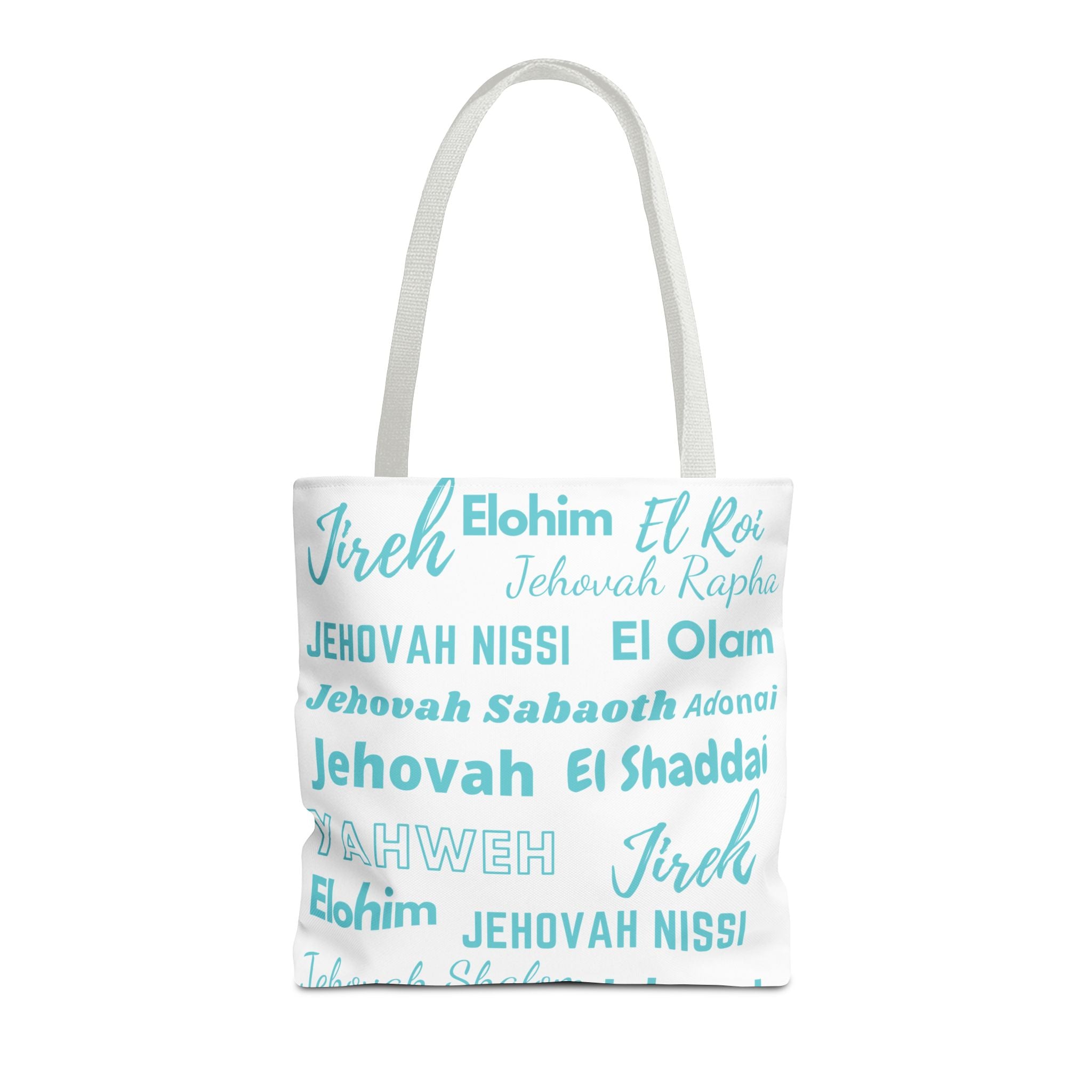 Faith-Inspired Tote Bag with Inspirational Names of God- White & Blue