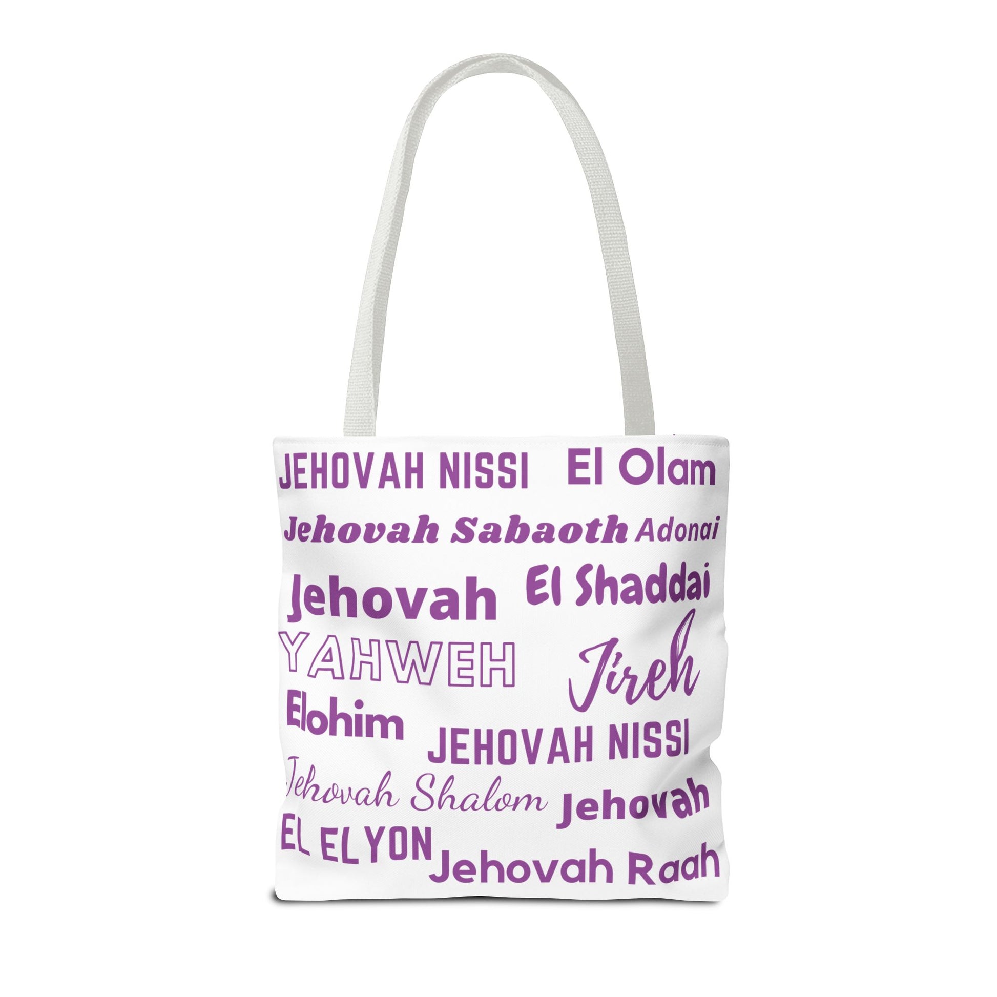 Faith-Inspired Tote Bag with Inspirational Names of God- White & Purple