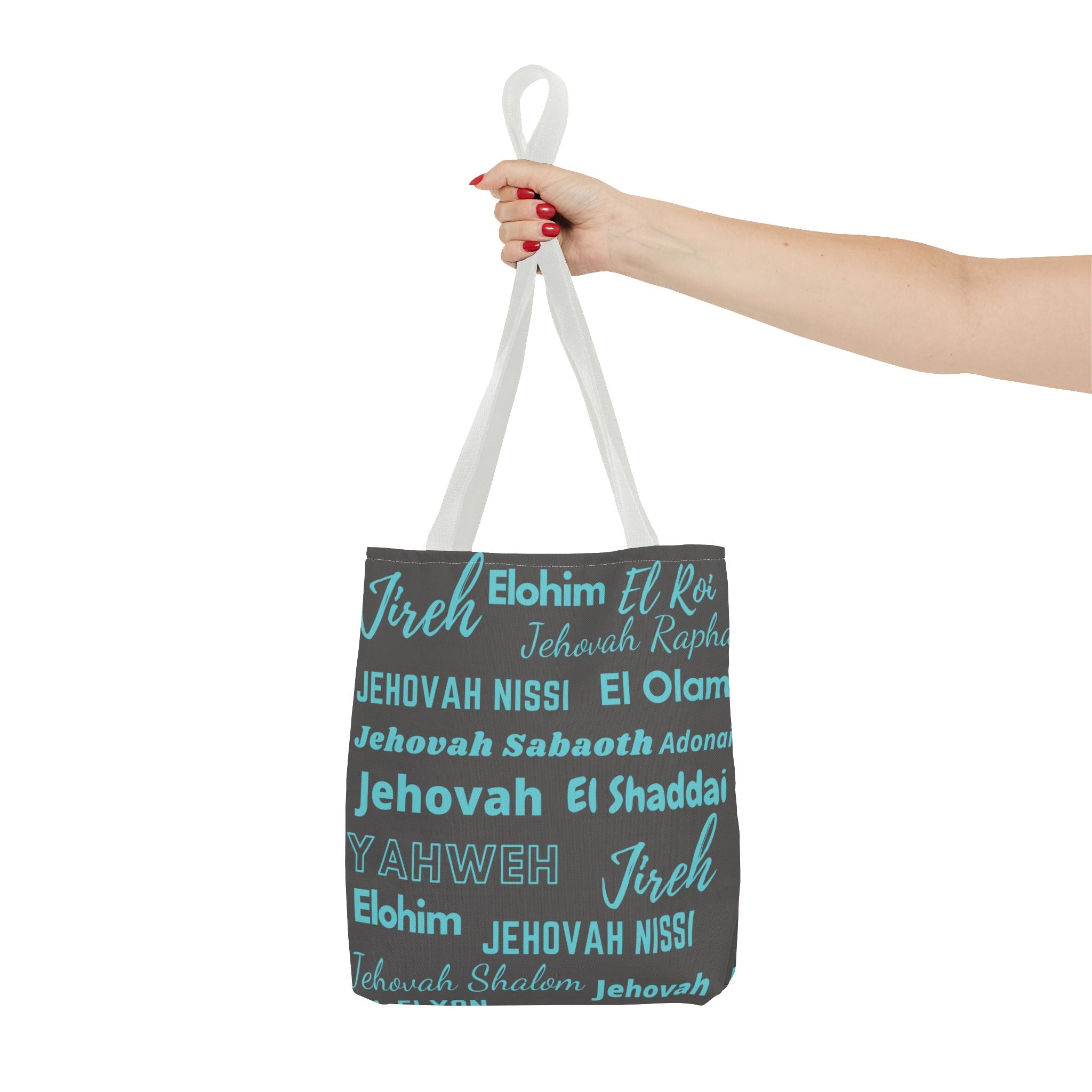 Faith-Inspired Tote Bag with Inspirational Names of God - Gray & Blue