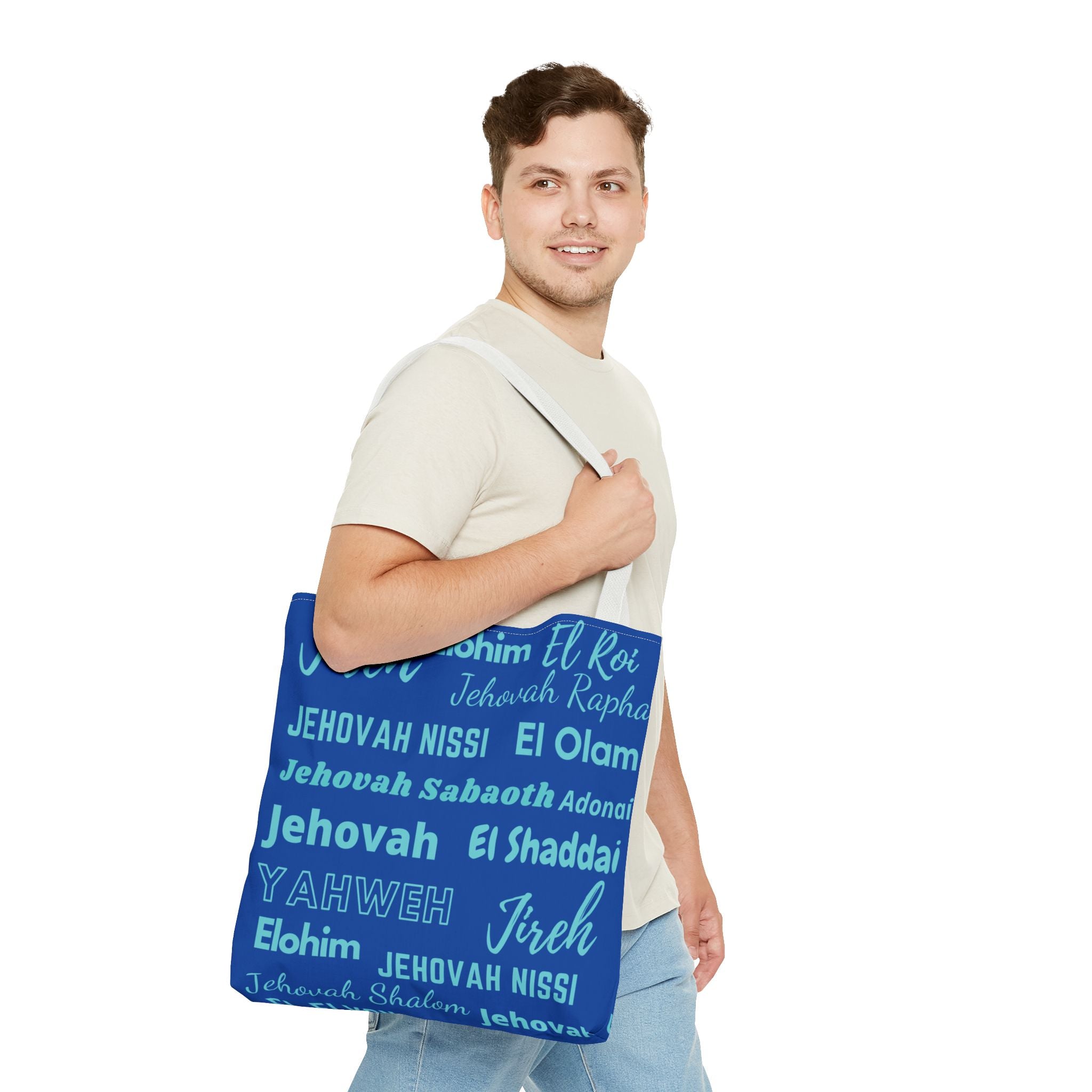 Faith-Inspired Tote Bag with Inspirational Names of God - Cobalt & Cyan Blue