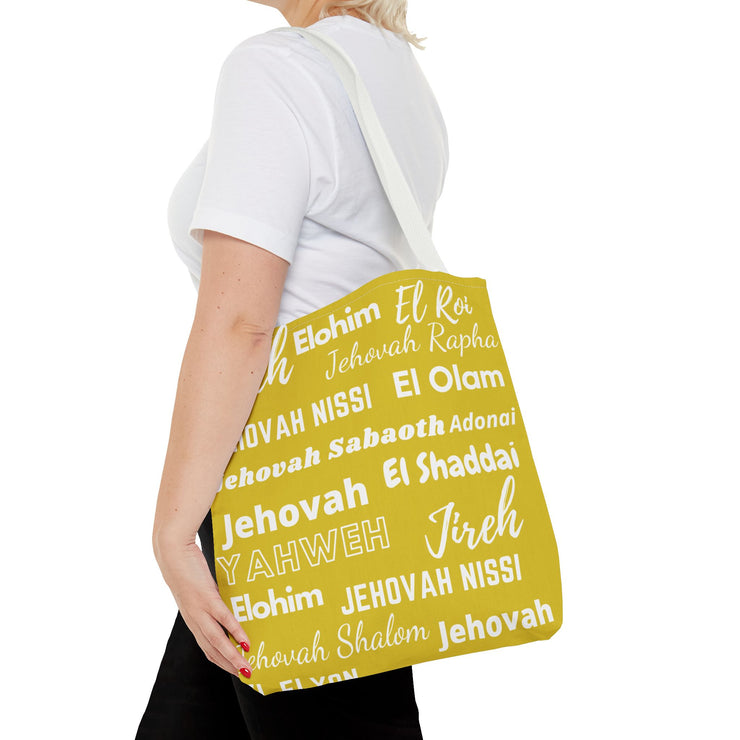 Faith-Inspired Tote Bag with Inspirational Names of God - White & Yellow