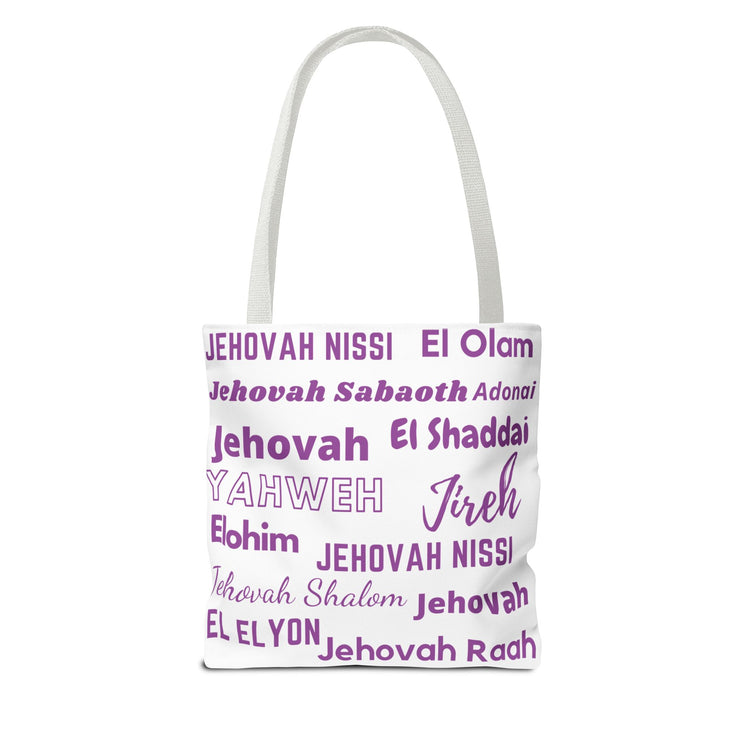 Faith-Inspired Tote Bag with Inspirational Names of God- White & Purple