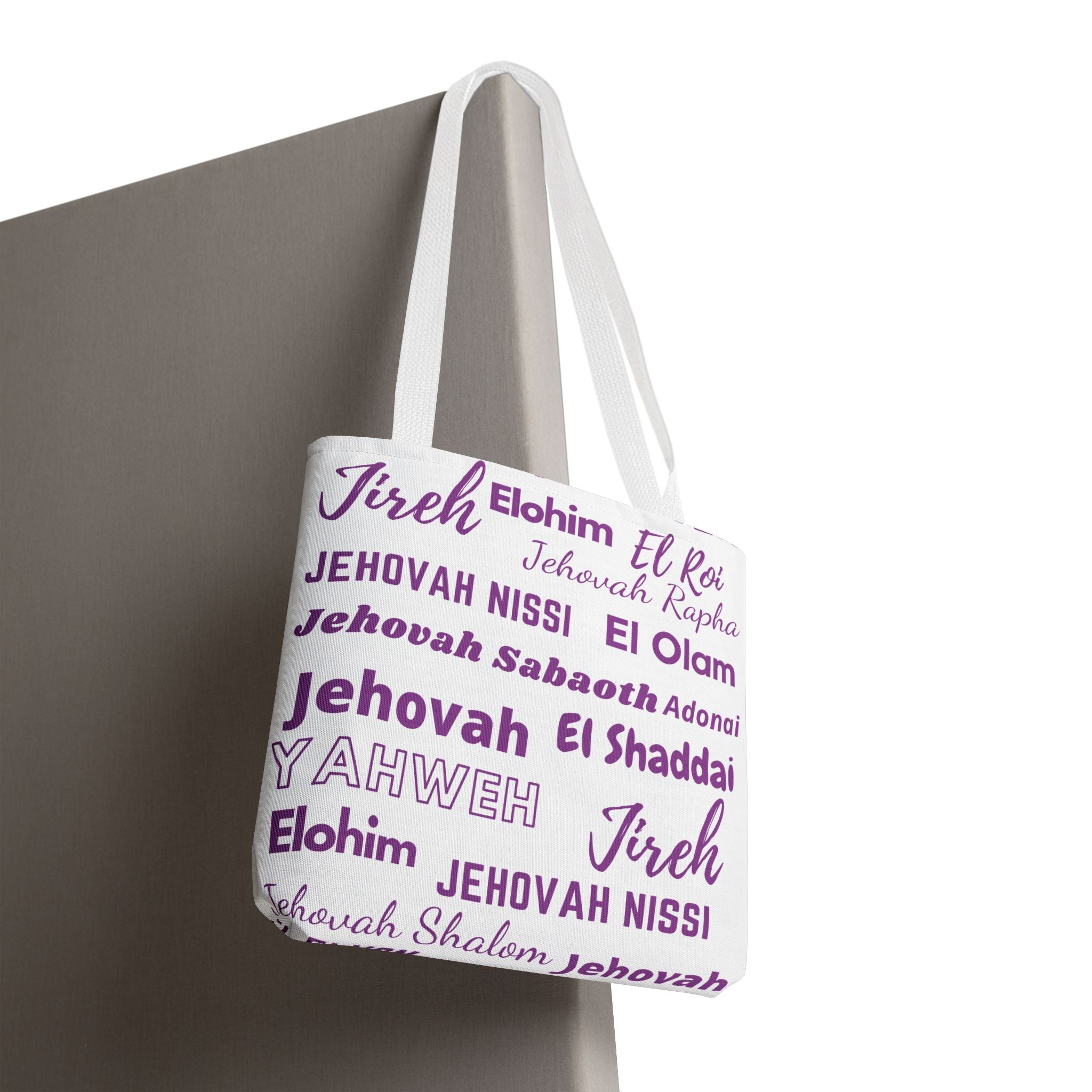 Faith-Inspired Tote Bag with Inspirational Names of God- White & Purple
