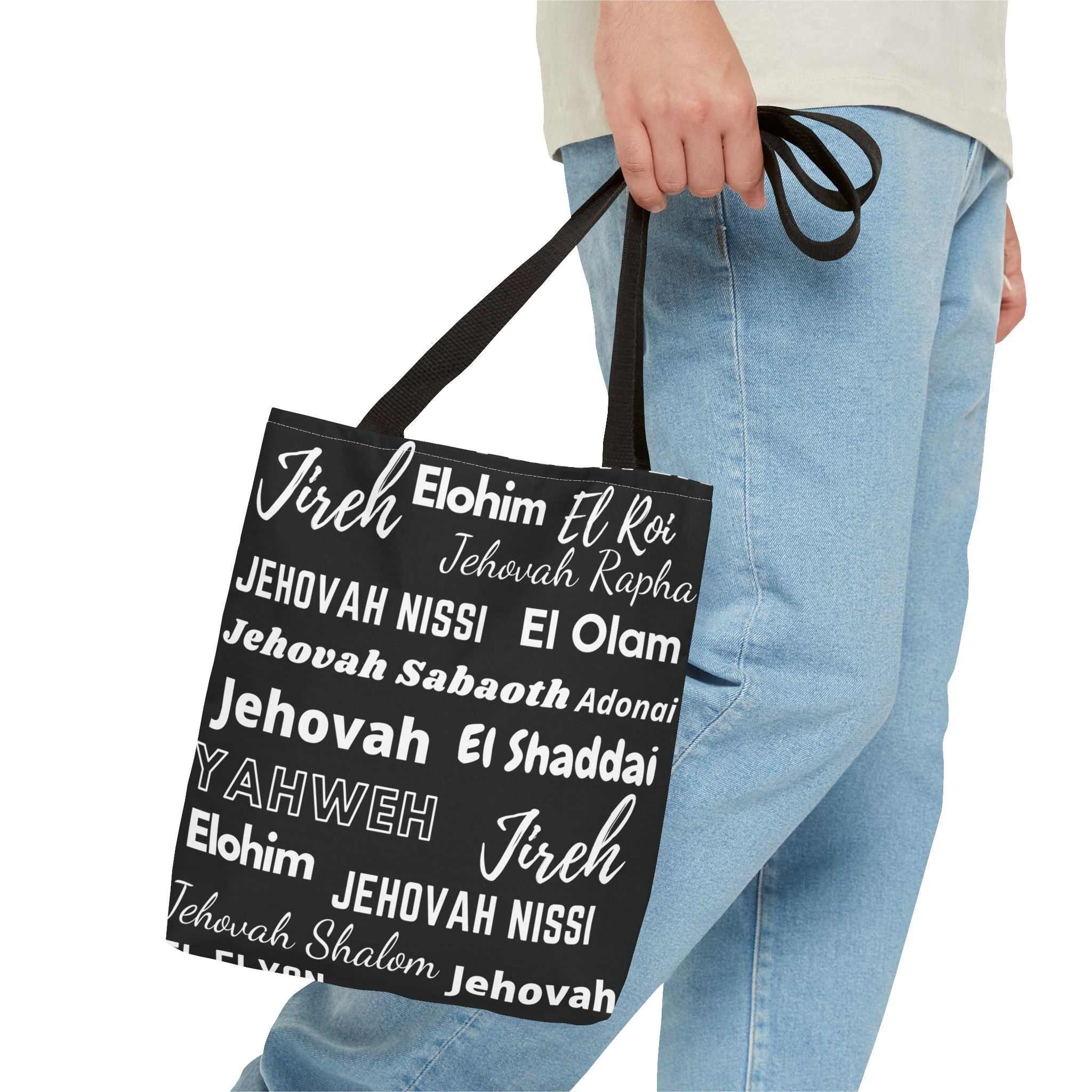 Faith-Inspired Tote Bag with Inspirational Names of God - Black & White
