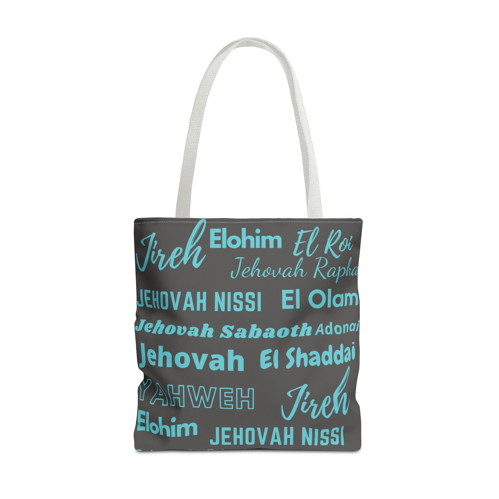 Faith-Inspired Tote Bag with Inspirational Names of God - Gray & Blue