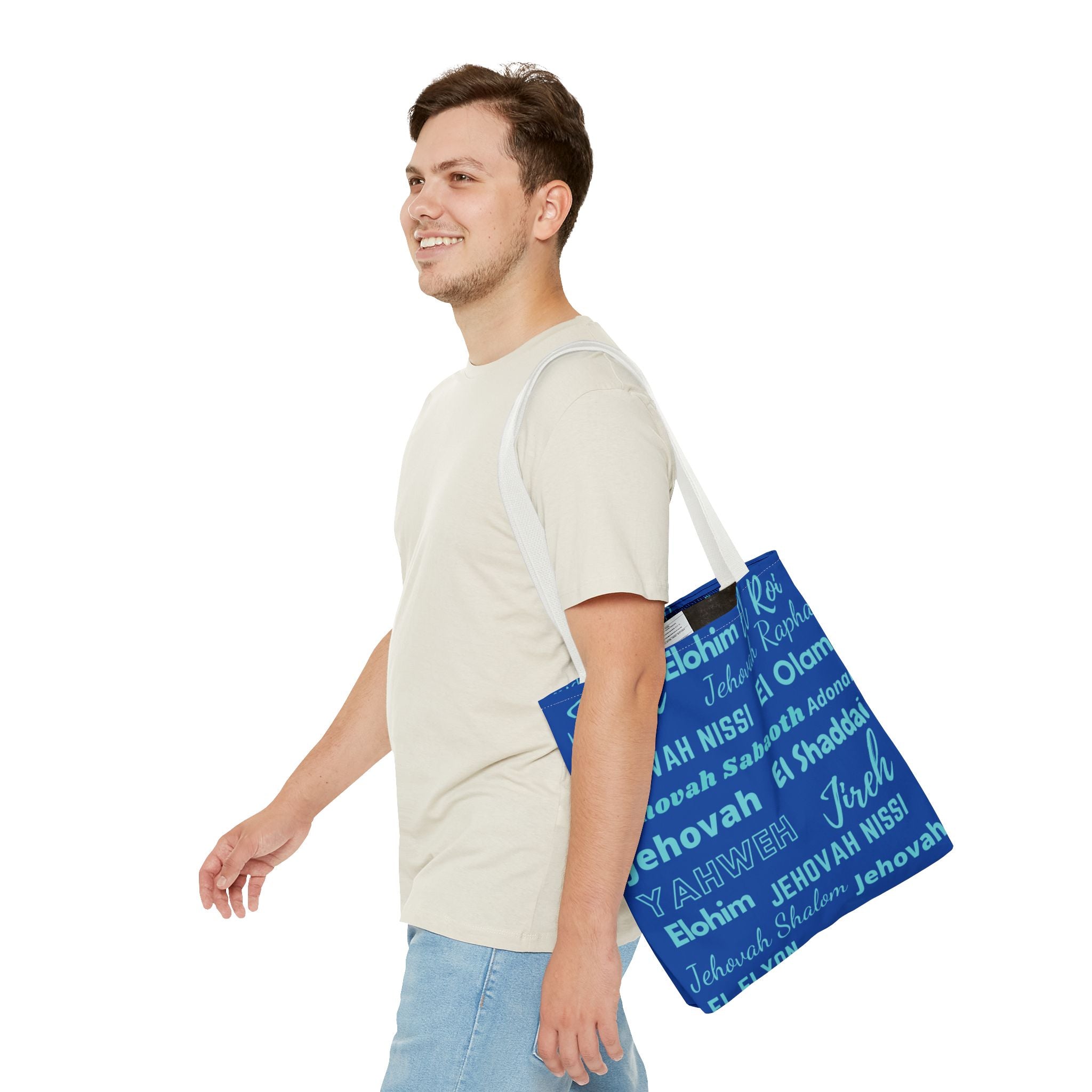 Faith-Inspired Tote Bag with Inspirational Names of God - Cobalt & Cyan Blue