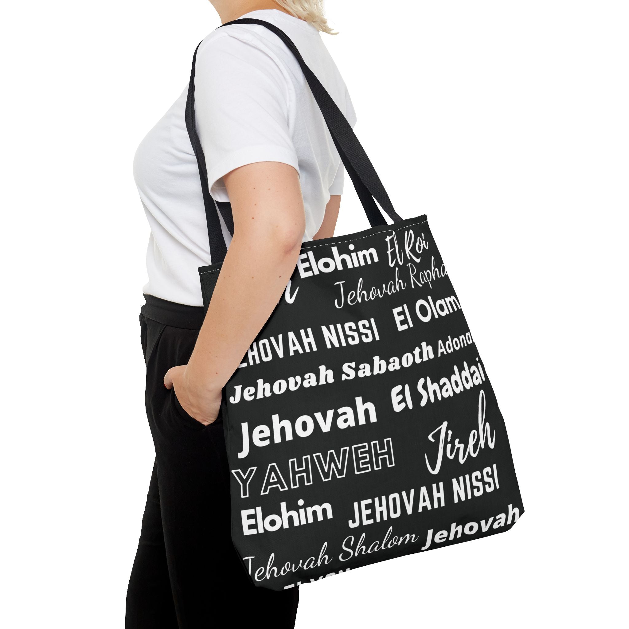 Faith-Inspired Tote Bag with Inspirational Names of God - Black & White