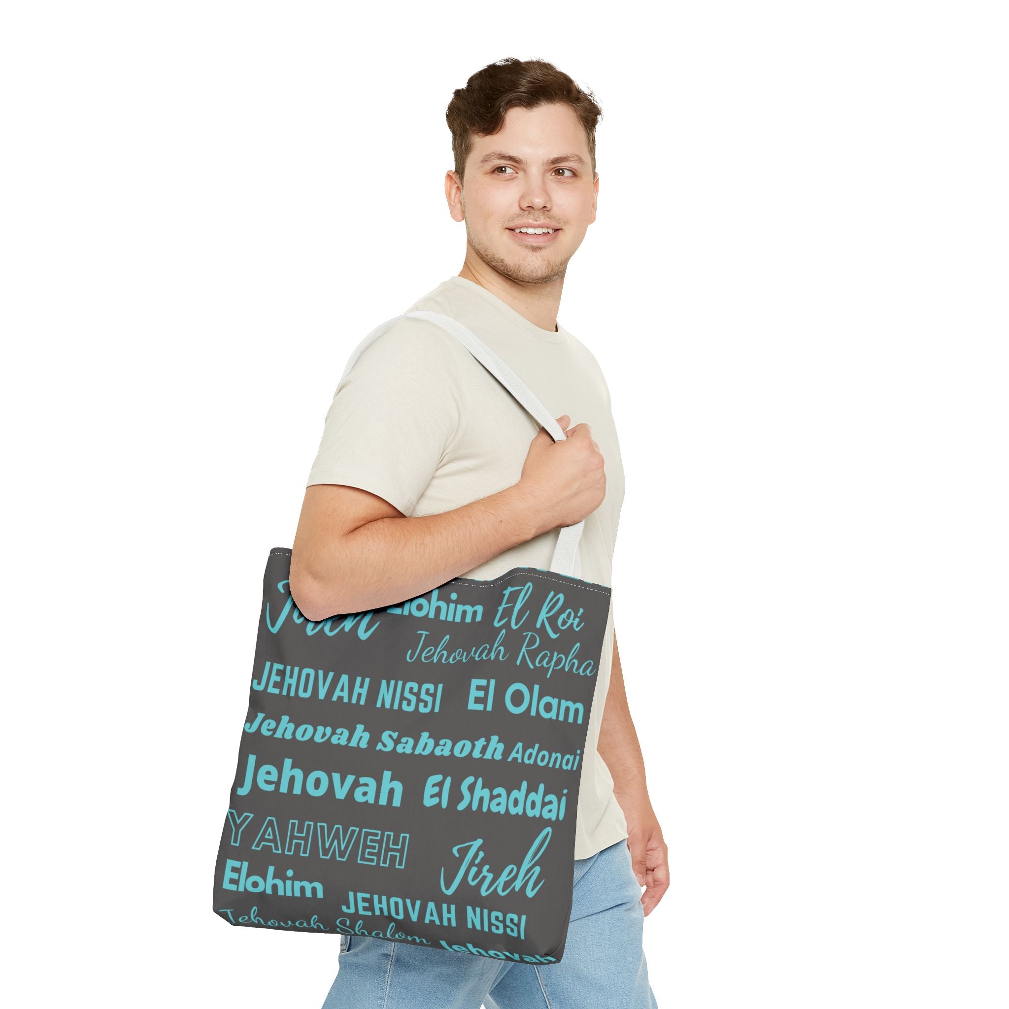 Faith-Inspired Tote Bag with Inspirational Names of God - Gray & Blue