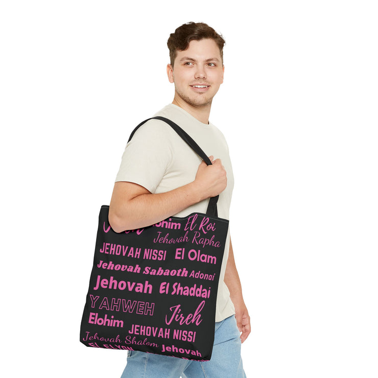 Faith-Inspired Tote Bag with Inspirational Names of God - Pink & Black