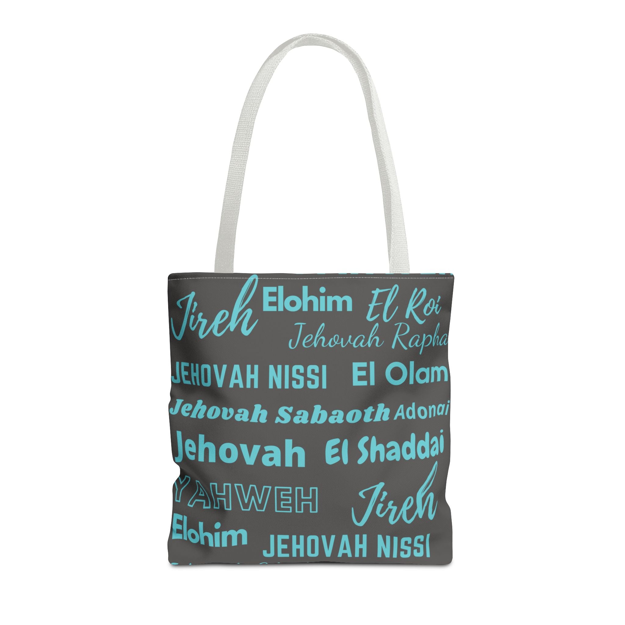 Faith-Inspired Tote Bag with Inspirational Names of God - Gray & Blue