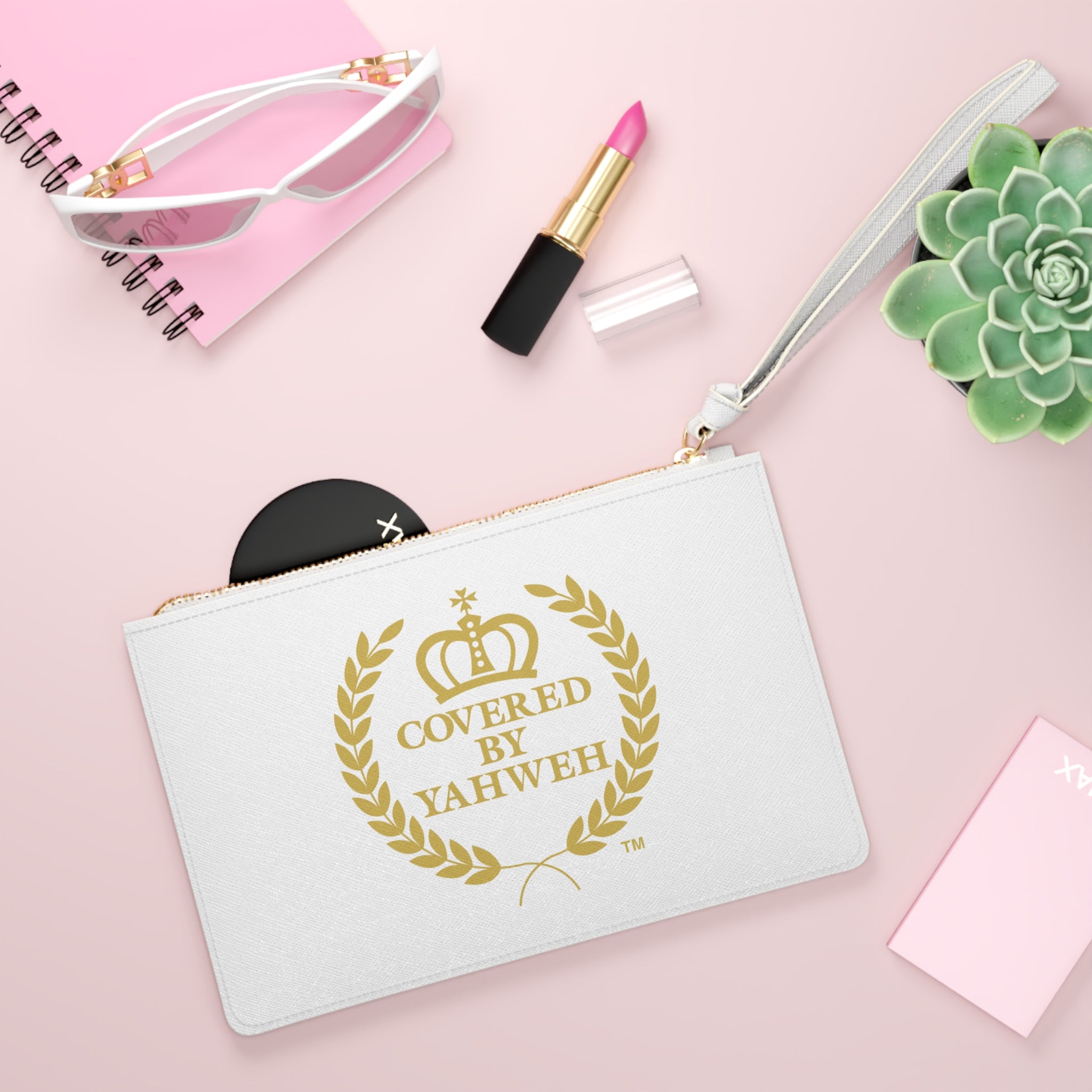 Covered by Yahweh Saffiano Leather Clutch Bag - White