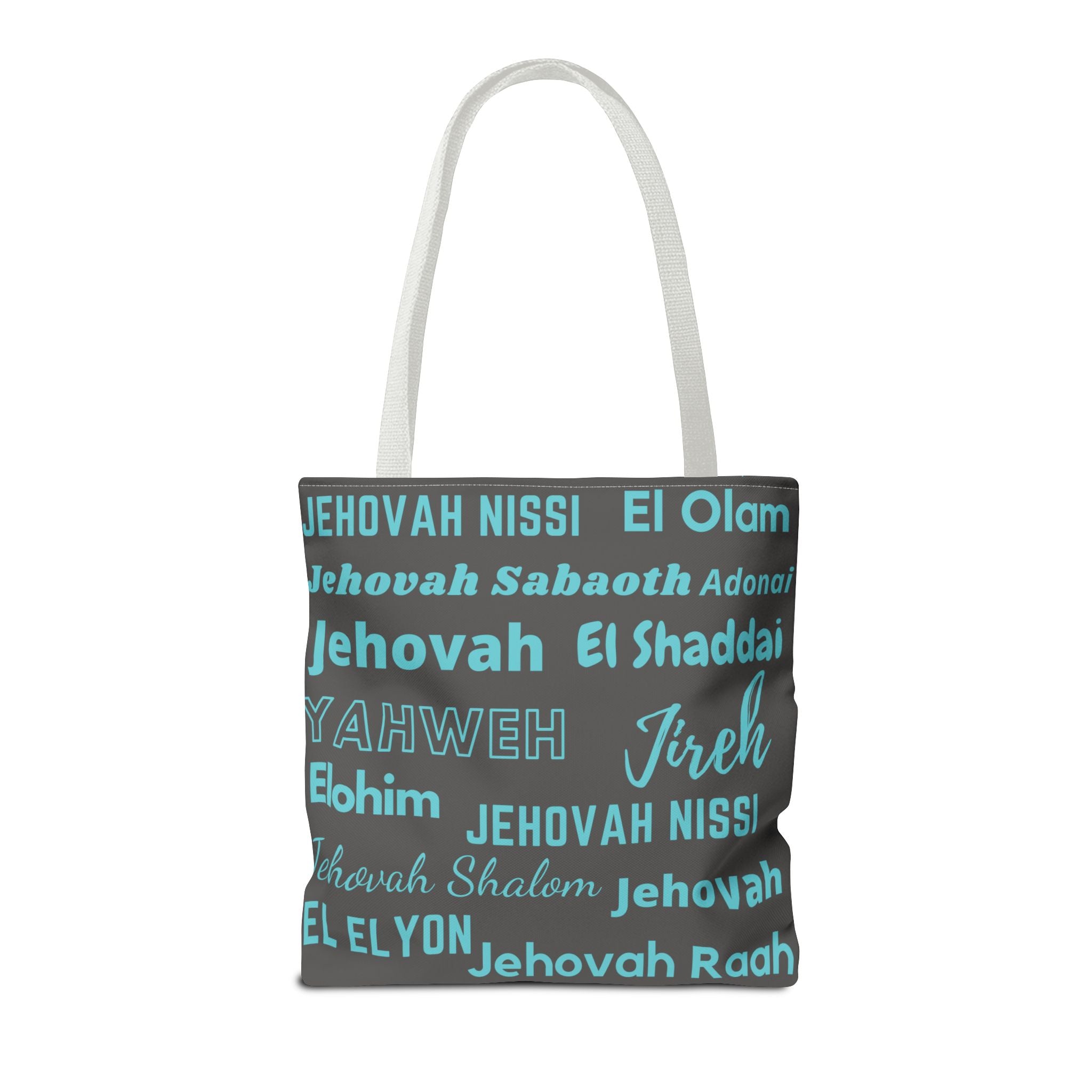 Faith-Inspired Tote Bag with Inspirational Names of God - Gray & Blue