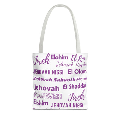 Faith-Inspired Tote Bag with Inspirational Names of God- White & Purple