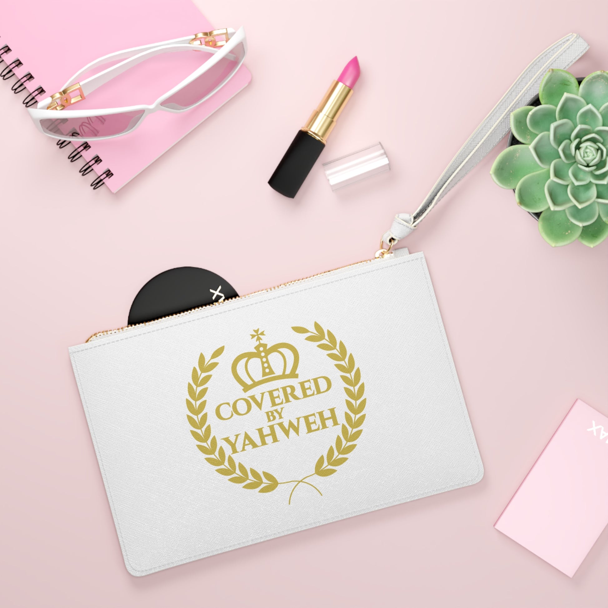 Covered by Yahweh Saffiano Leather Clutch Bag - White