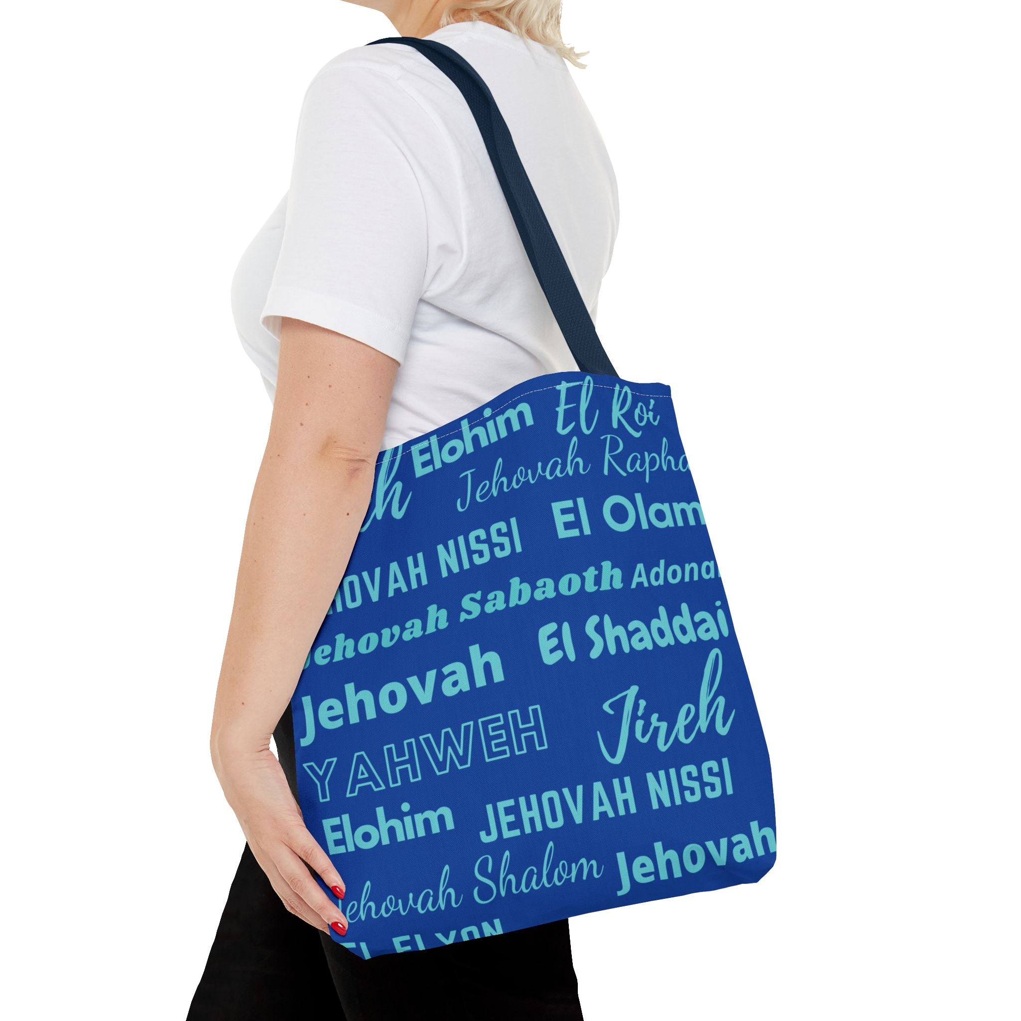 Faith-Inspired Tote Bag with Inspirational Names of God - Cobalt & Cyan Blue