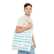 Faith-Inspired Tote Bag with Inspirational Names of God- White & Blue